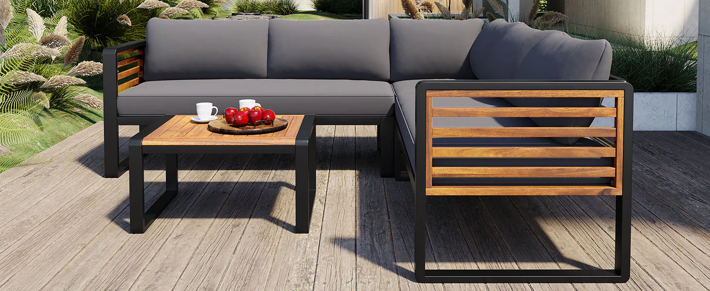Minimalist Metal and Wood 4 Pieces Outdoor Patio L-Shape Sectional Couch with Coffee Table - Image 16