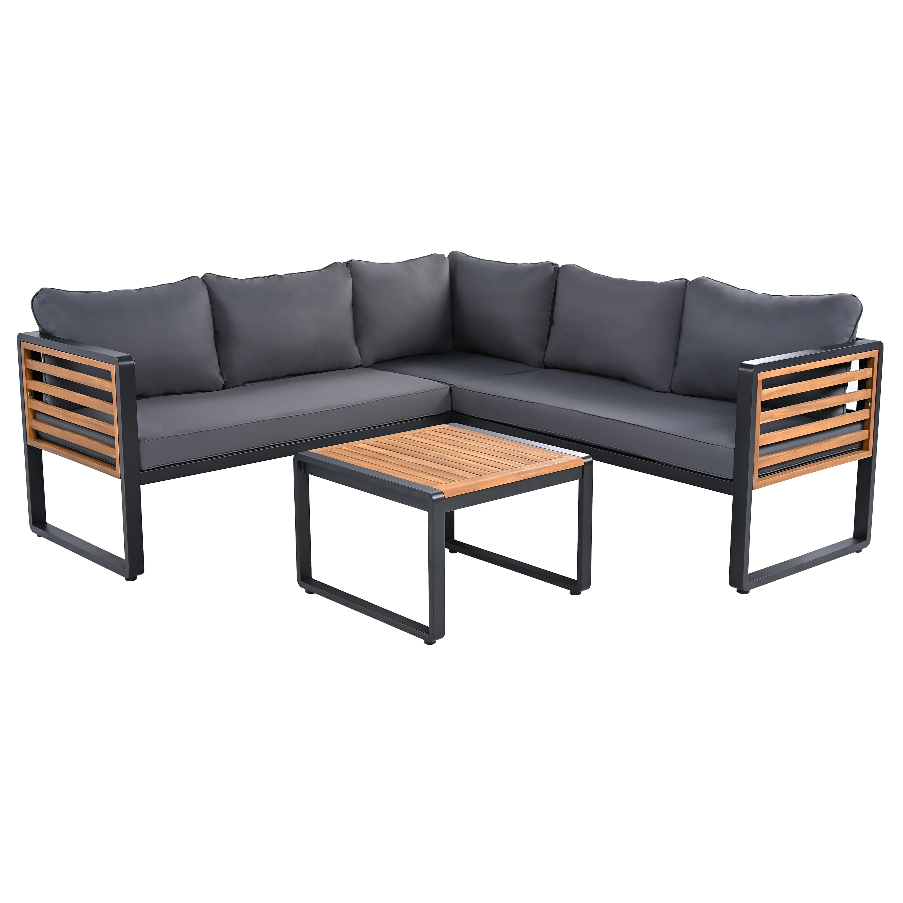Minimalist Metal and Wood 4 Pieces Outdoor Patio L-Shape Sectional Couch with Coffee Table - Image 17