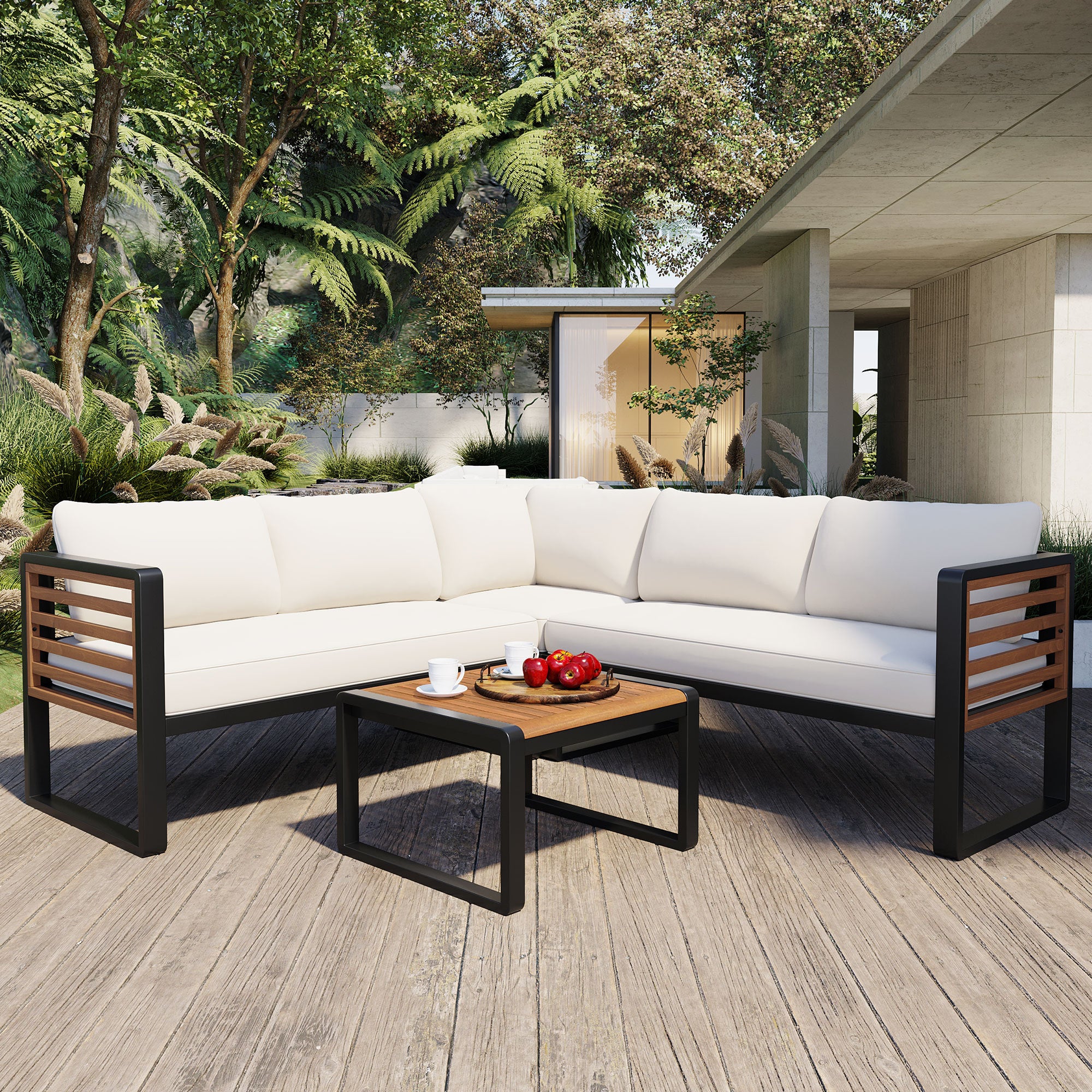 Minimalist Metal and Wood 4 Pieces Outdoor Patio L-Shape Sectional Couch with Coffee Table - Image 2