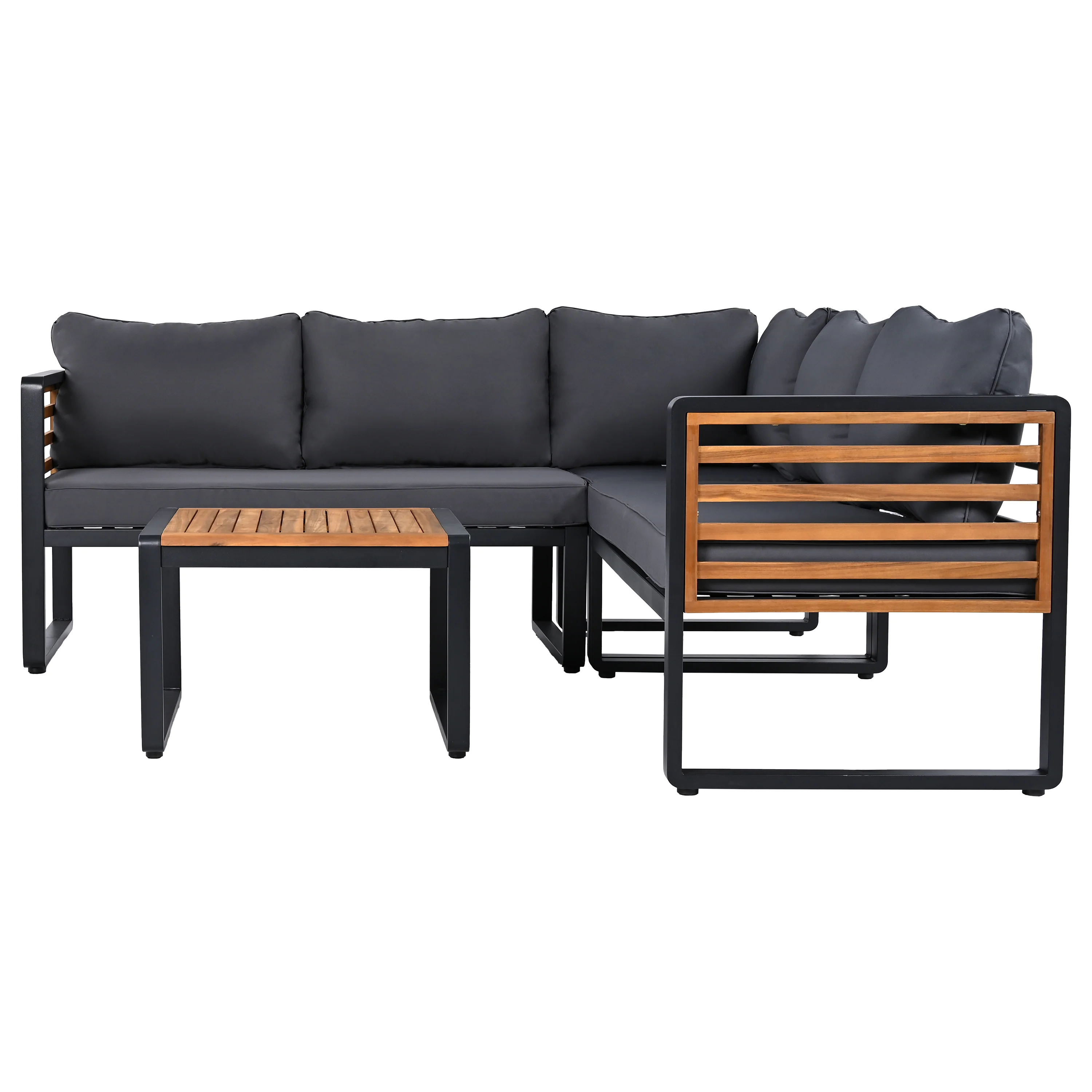 Minimalist Metal and Wood 4 Pieces Outdoor Patio L-Shape Sectional Couch with Coffee Table - Image 20