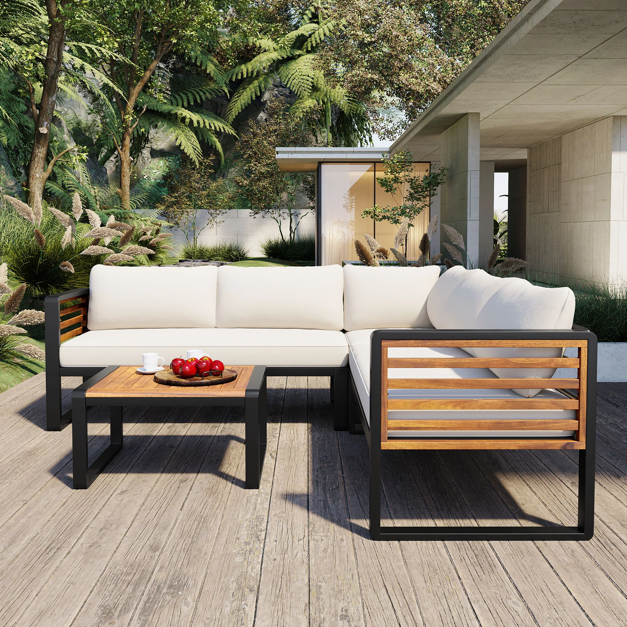 Minimalist Metal and Wood 4 Pieces Outdoor Patio L-Shape Sectional Couch with Coffee Table - Image 22