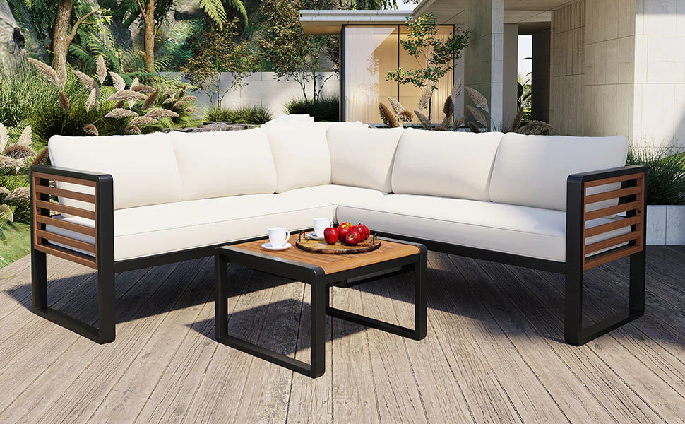Minimalist Metal and Wood 4 Pieces Outdoor Patio L-Shape Sectional Couch with Coffee Table - Image 23