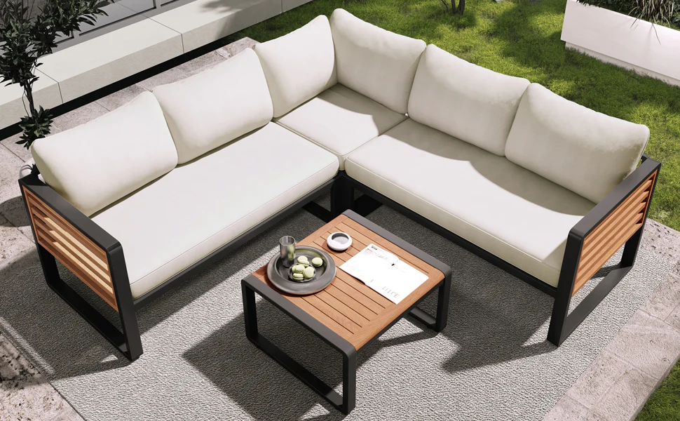 Minimalist Metal and Wood 4 Pieces Outdoor Patio L-Shape Sectional Couch with Coffee Table - Image 24