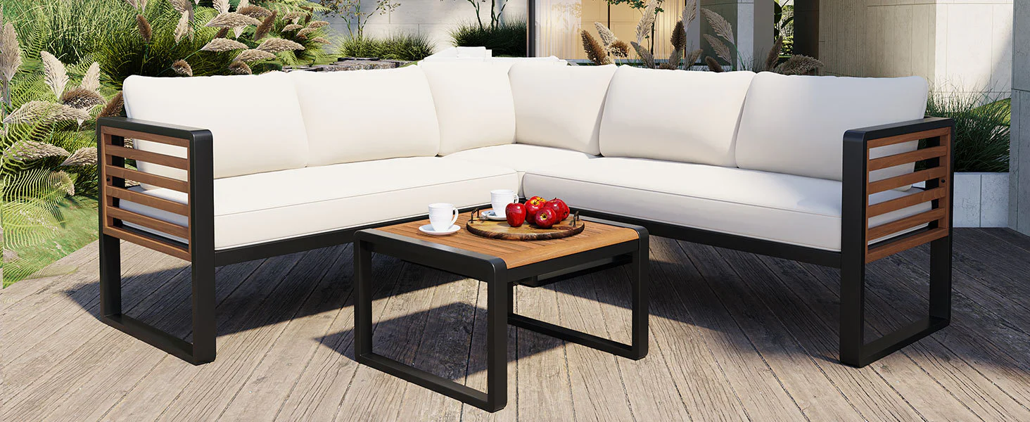 Minimalist Metal and Wood 4 Pieces Outdoor Patio L-Shape Sectional Couch with Coffee Table - Image 25