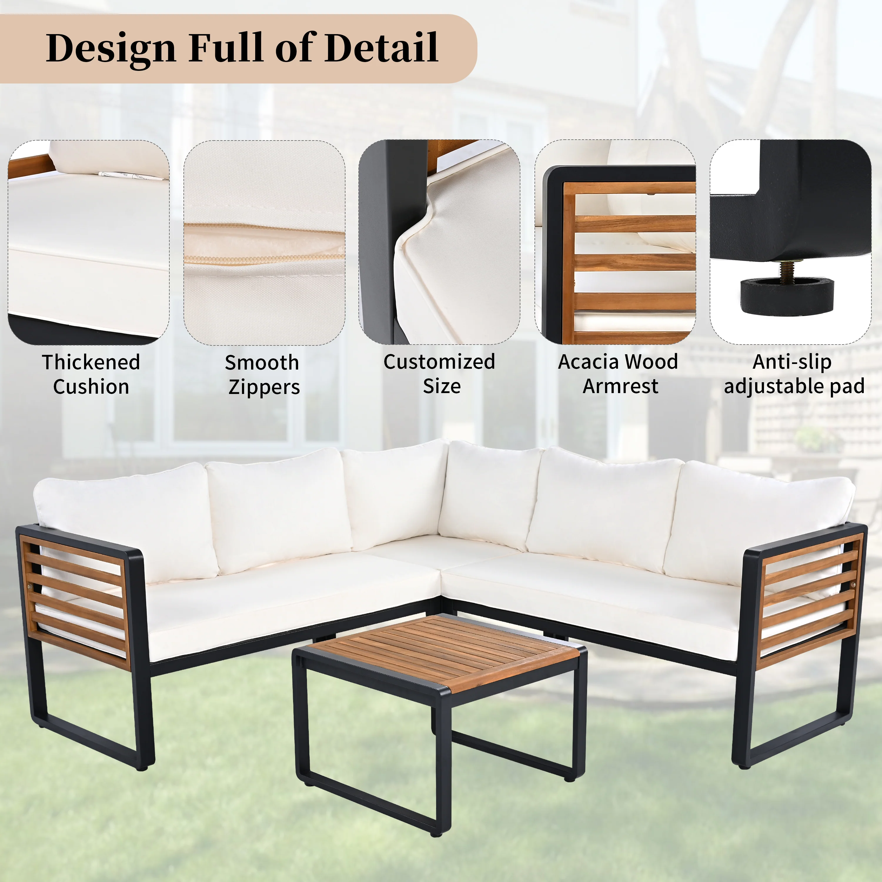 Minimalist Metal and Wood 4 Pieces Outdoor Patio L-Shape Sectional Couch with Coffee Table - Image 26