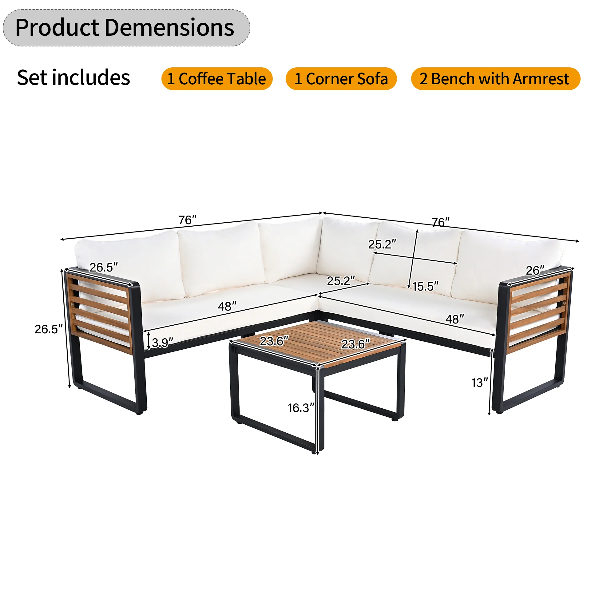 Minimalist Metal and Wood 4 Pieces Outdoor Patio L-Shape Sectional Couch with Coffee Table - Image 27