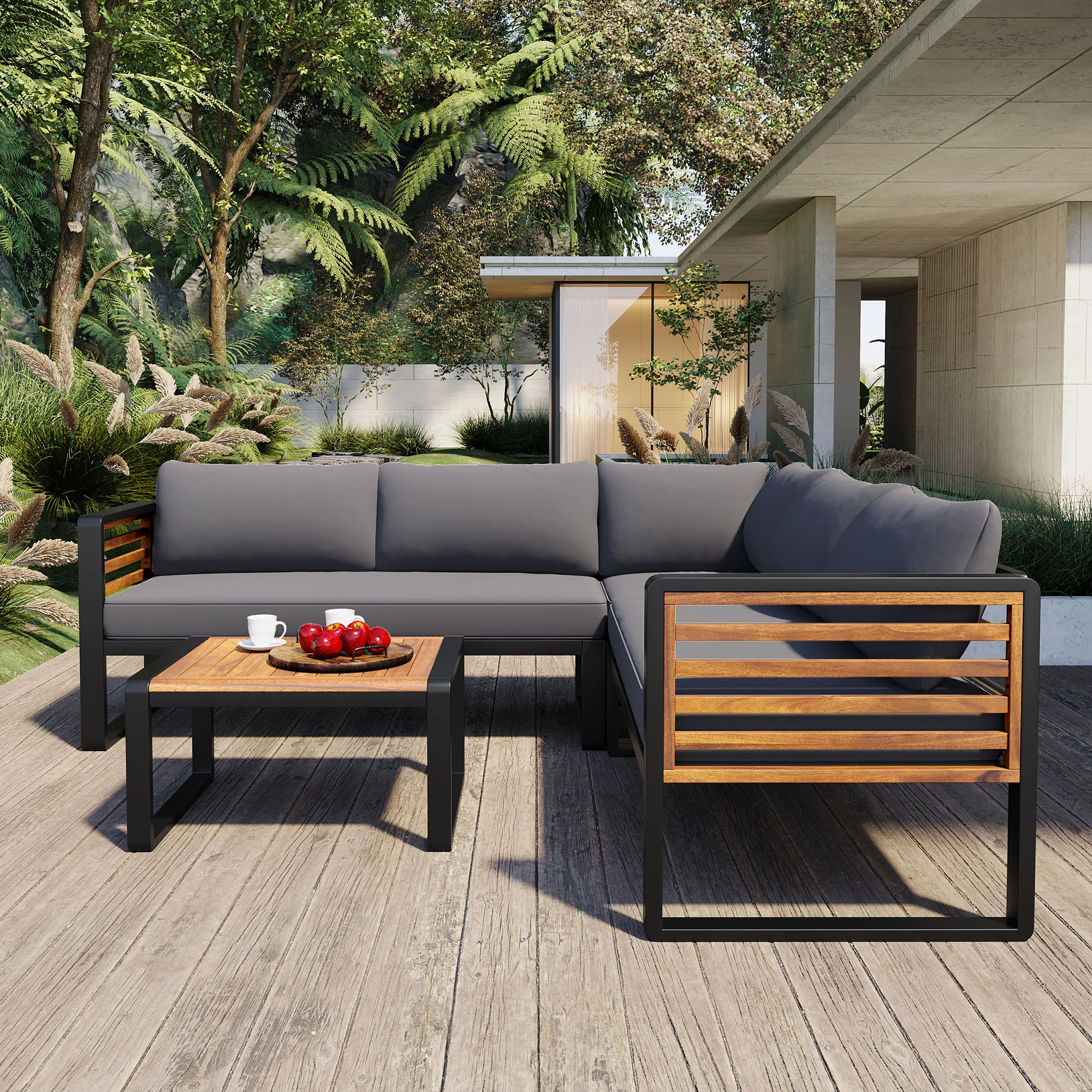 Minimalist Metal and Wood 4 Pieces Outdoor Patio L-Shape Sectional Couch with Coffee Table - Image 3