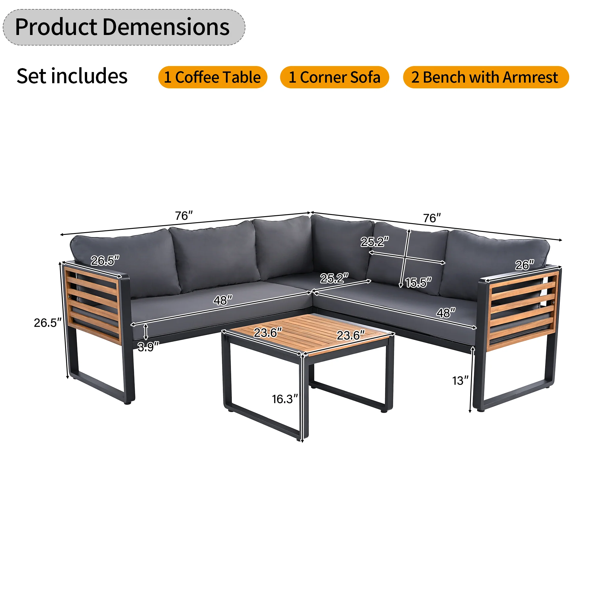 Minimalist Metal and Wood 4 Pieces Outdoor Patio L-Shape Sectional Couch with Coffee Table - Image 4