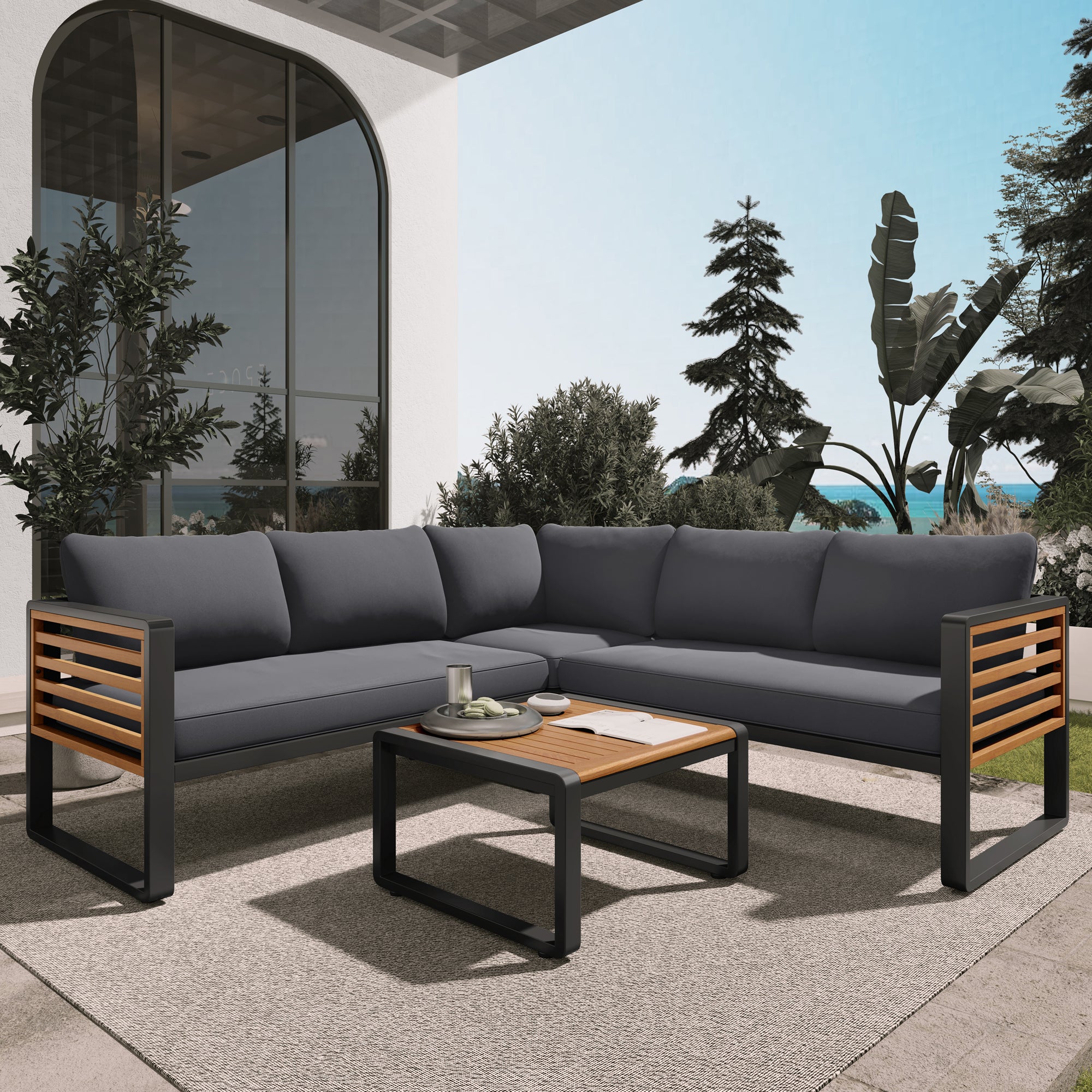 Minimalist Metal and Wood 4 Pieces Outdoor Patio L-Shape Sectional Couch with Coffee Table - Image 5