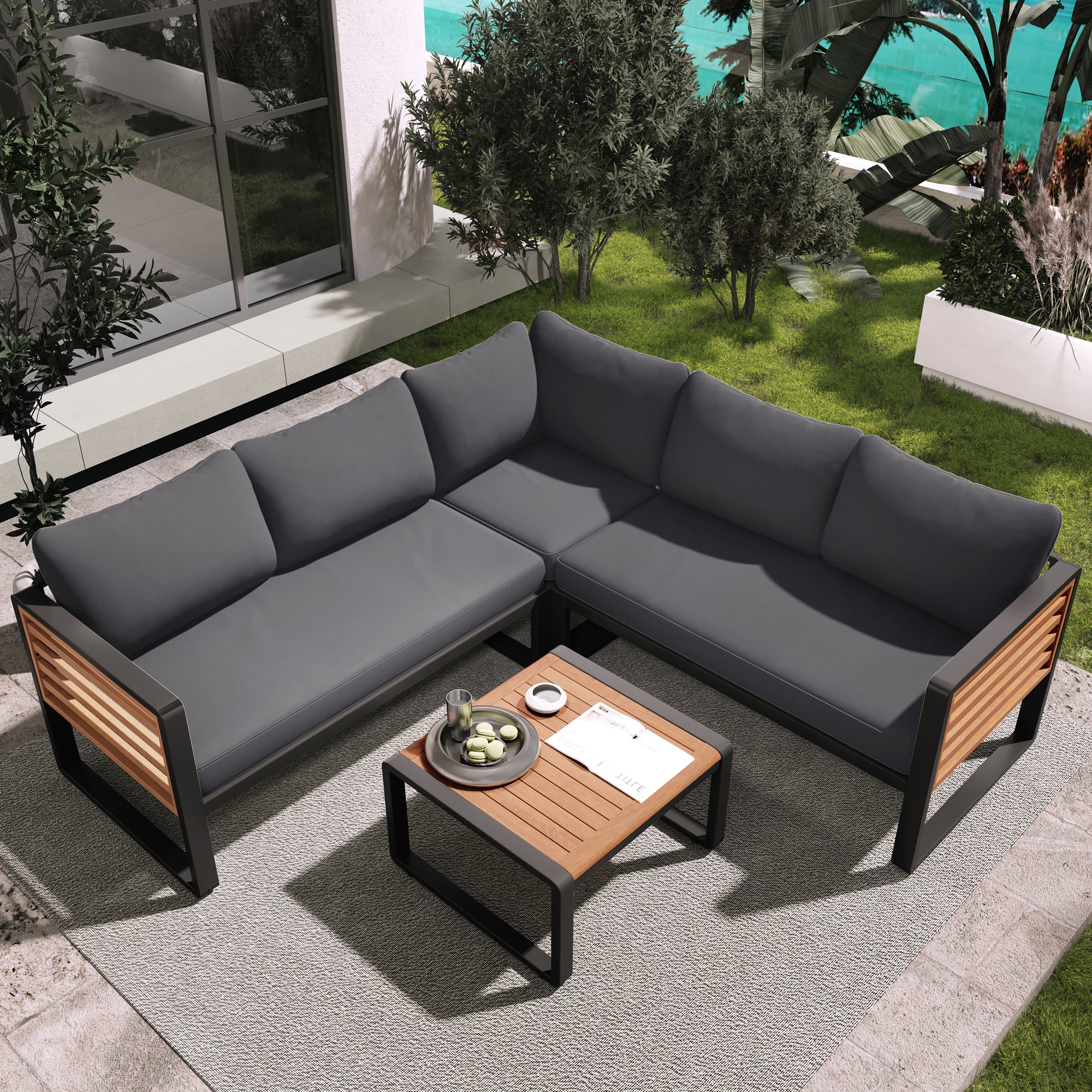 Minimalist Metal and Wood 4 Pieces Outdoor Patio L-Shape Sectional Couch with Coffee Table - Image 6
