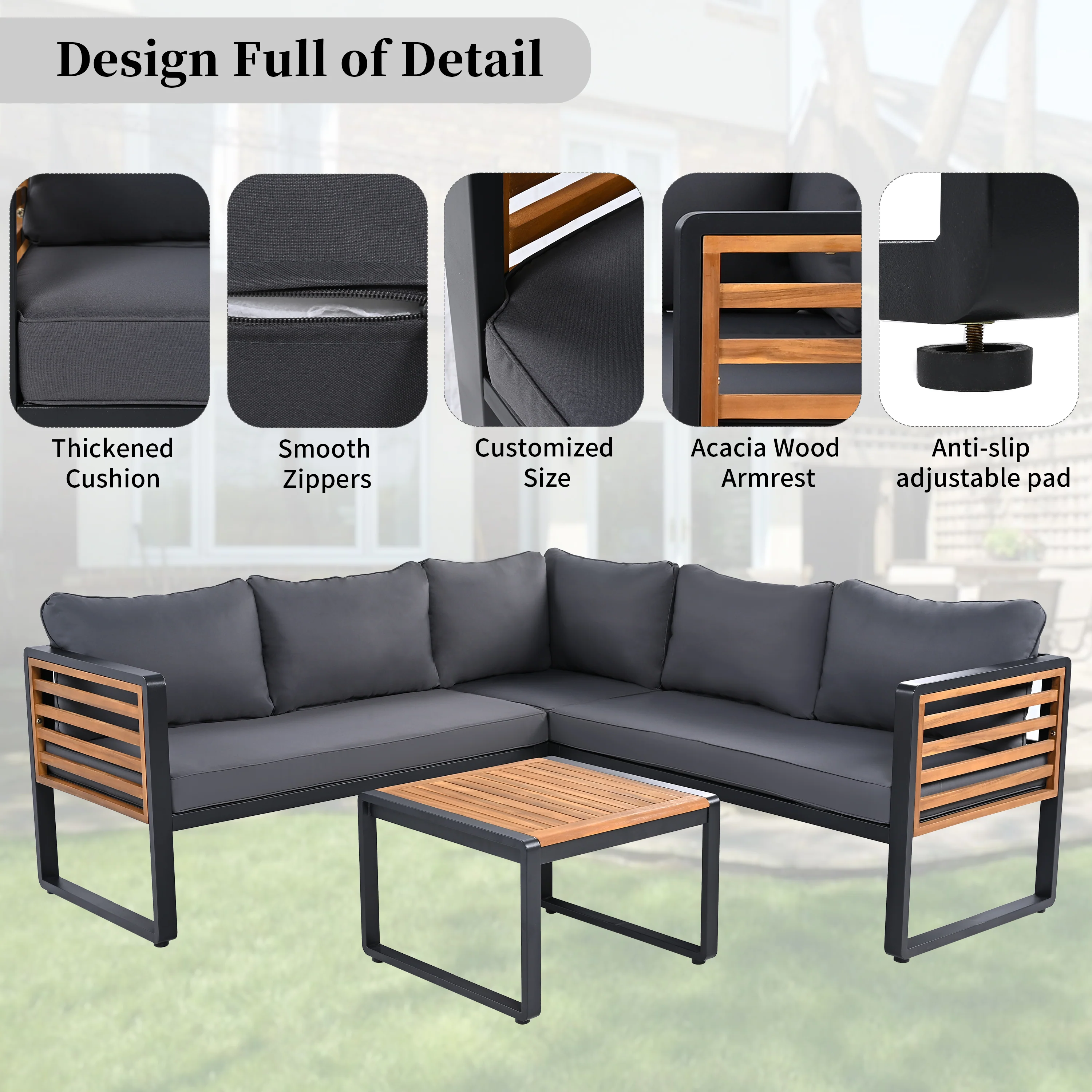 Minimalist Metal and Wood 4 Pieces Outdoor Patio L-Shape Sectional Couch with Coffee Table - Image 8