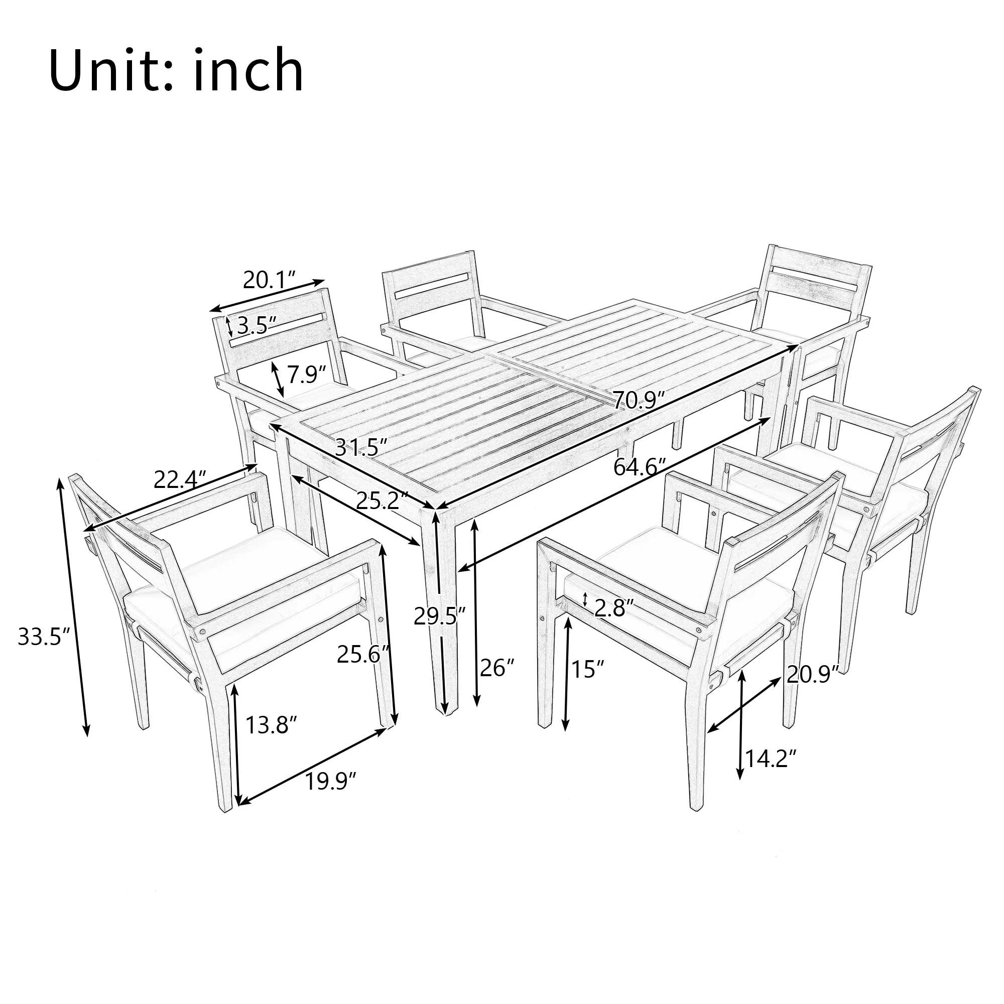 Modern 7 Pieces Acacia Wood Outdoor Full Dining Set with Chair Cushions - Image 3
