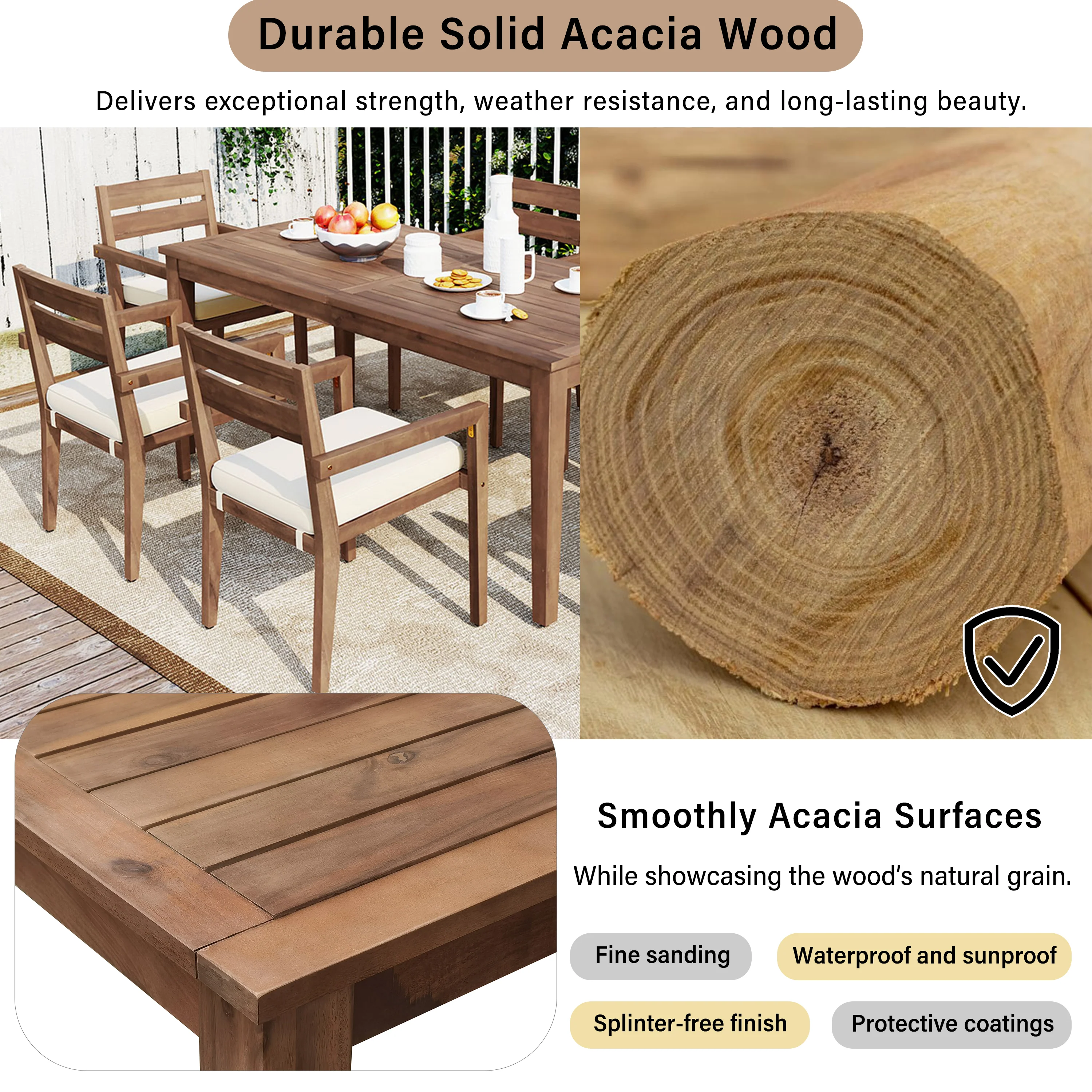 Modern 7 Pieces Acacia Wood Outdoor Full Dining Set with Chair Cushions - Image 4