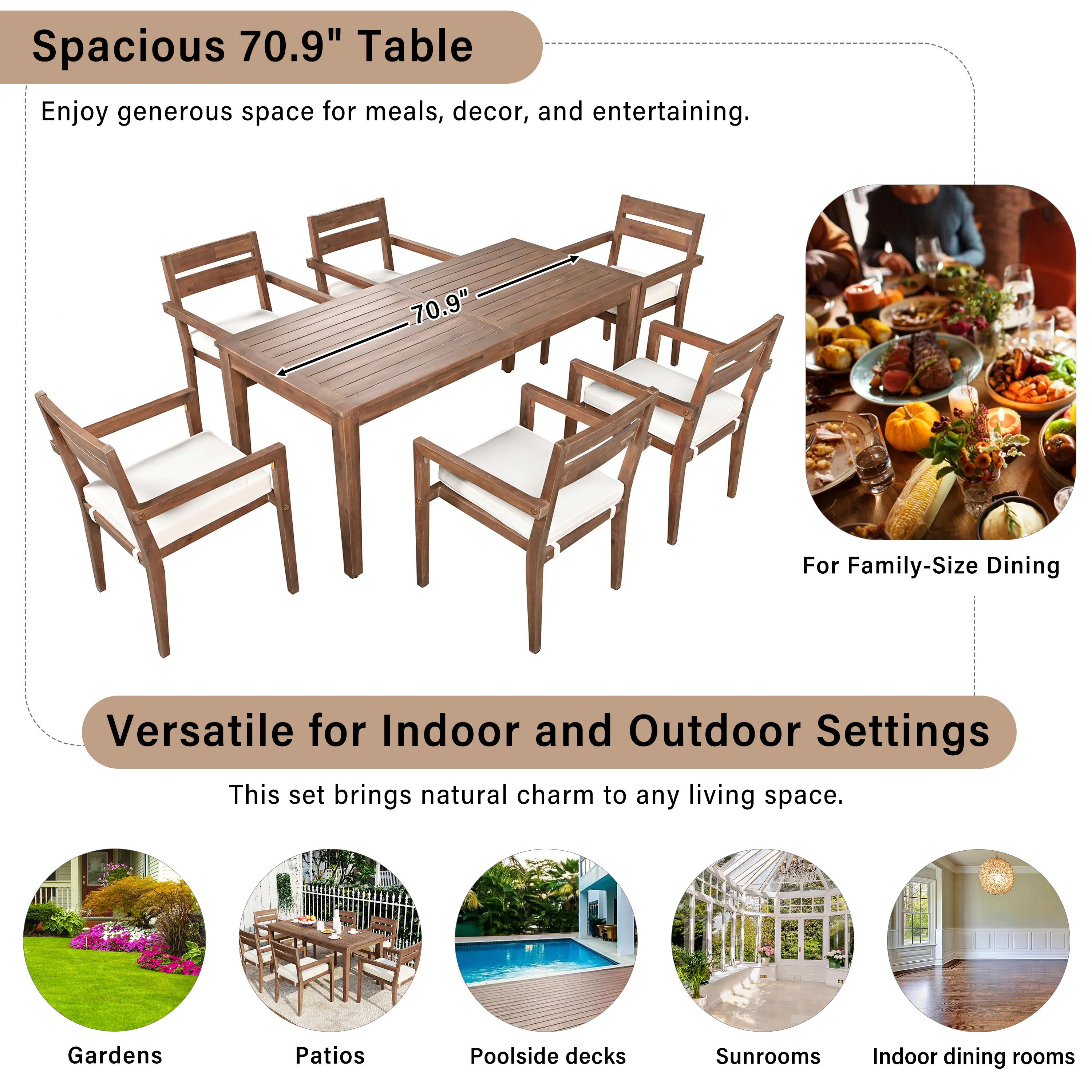 Modern 7 Pieces Acacia Wood Outdoor Full Dining Set with Chair Cushions - Image 7