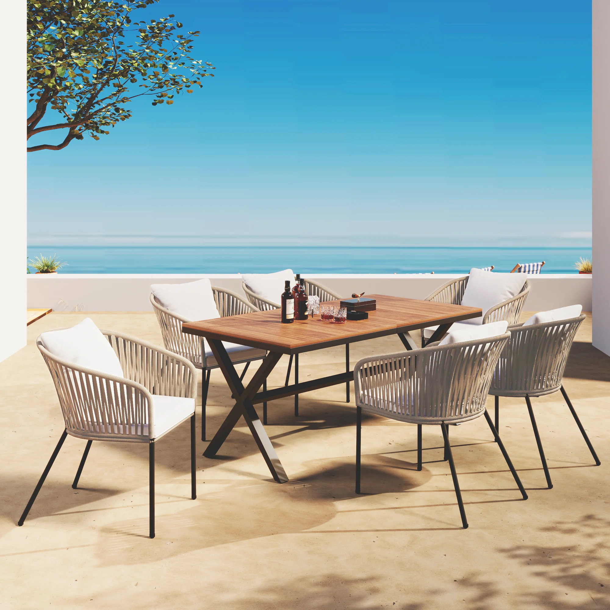 Walker Edison | Modern All-Weather Outdoor 7 Piece Patio Dining Set - Image 2