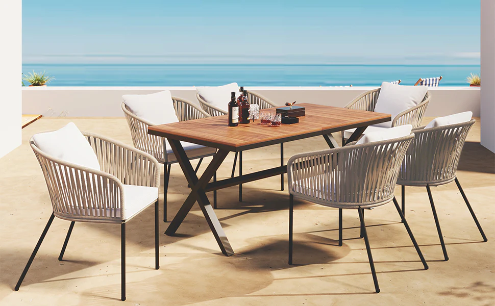 Walker Edison | Modern All-Weather Outdoor 7 Piece Patio Dining Set - Image 7