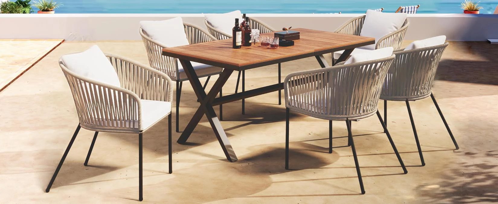 Walker Edison | Modern All-Weather Outdoor 7 Piece Patio Dining Set - Image 8