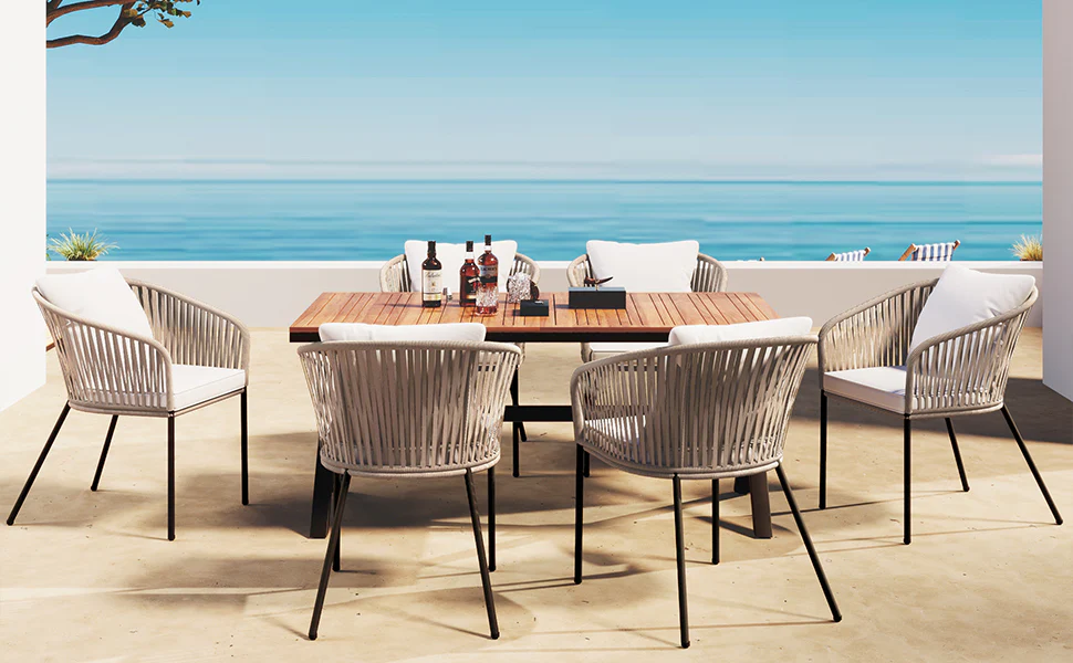 Walker Edison | Modern All-Weather Outdoor 7 Piece Patio Dining Set - Image 9