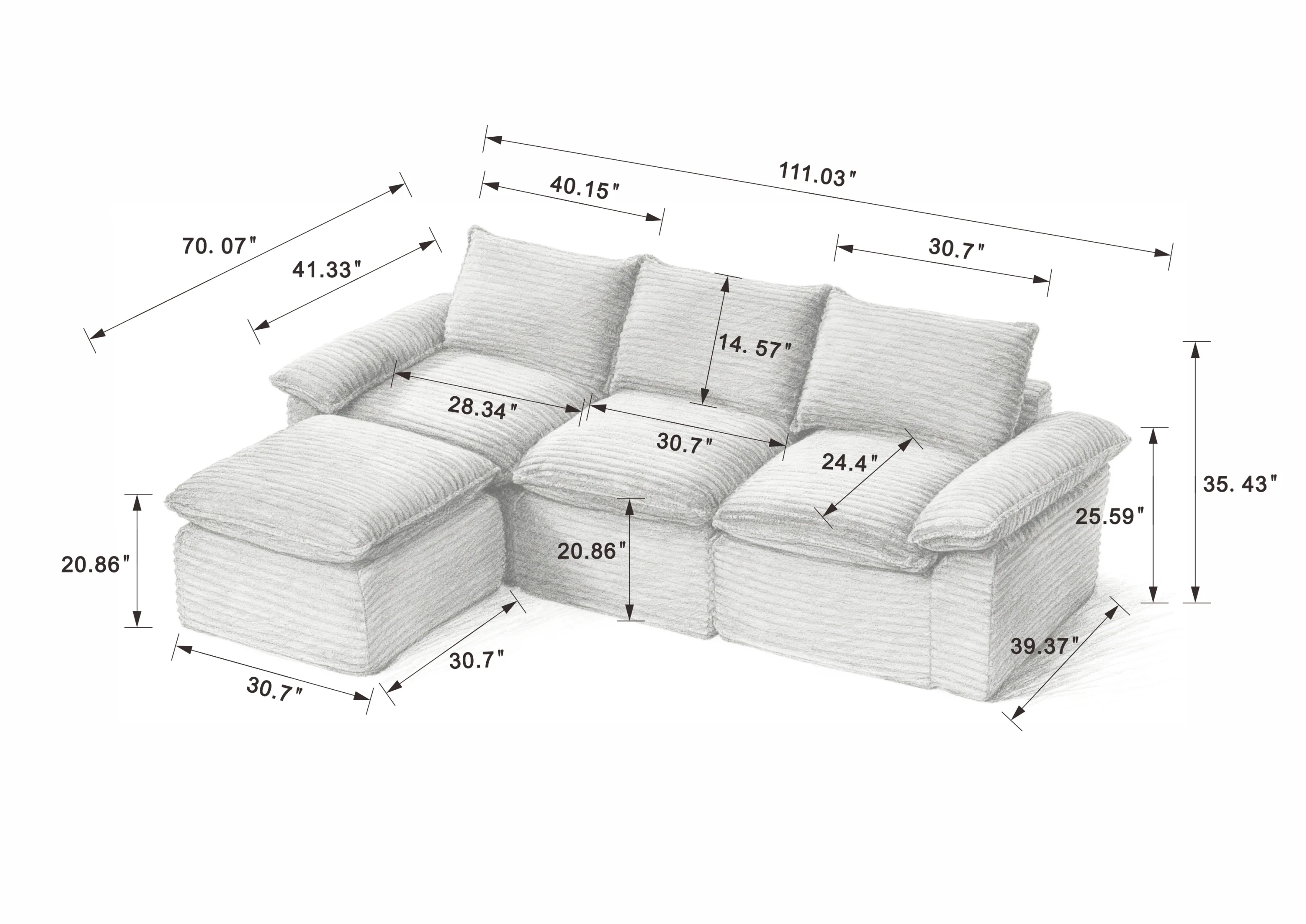 Modern Cloud Corduroy Modular Sectional Sofa w Ottoman - Image 3
