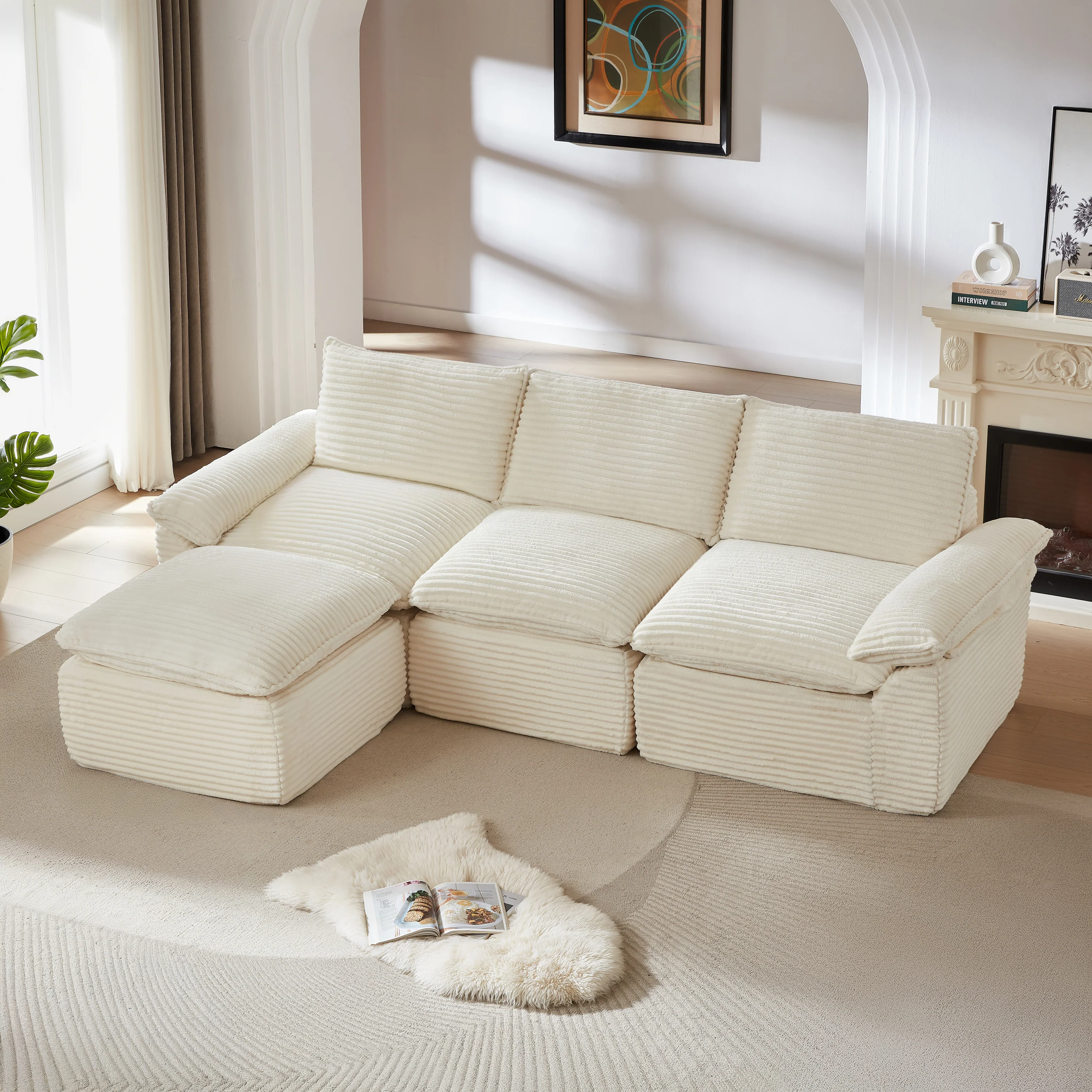 Modern Cloud Corduroy Modular Sectional Sofa w Ottoman - Image 4