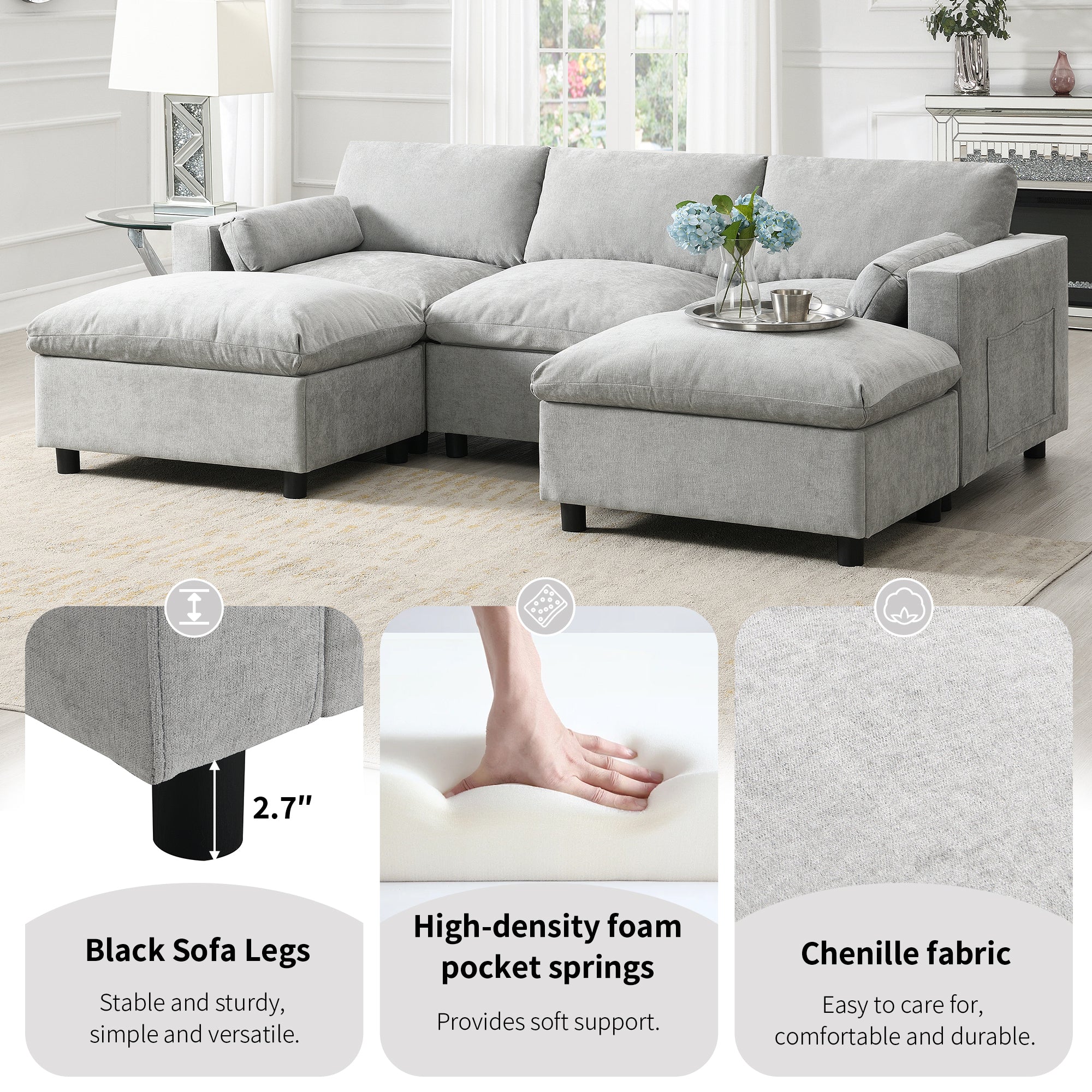 Modern Cloud Modular Sectional Sofa with Storage, Pillows and 2 Movable Ottomans - Image 2