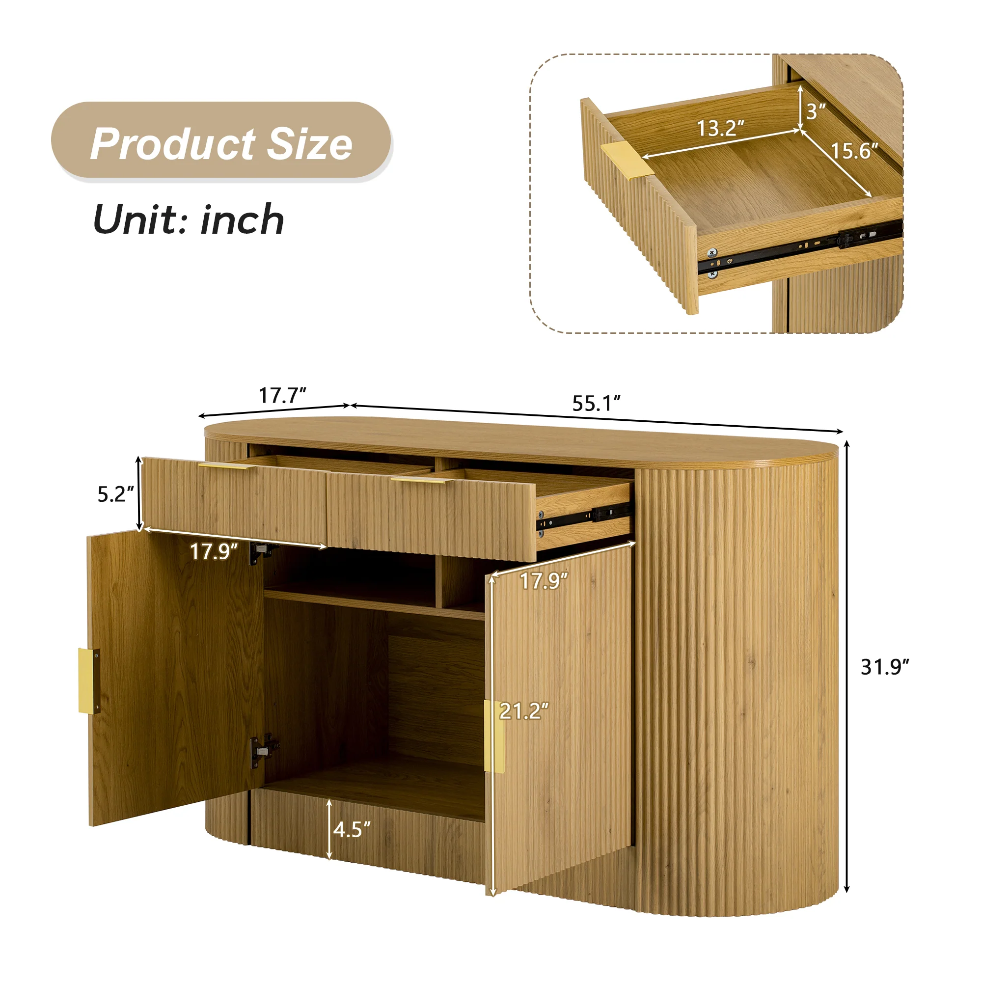 Modern Curve Design Fluted Storage Accent Cabinet / Sideboard - Image 3
