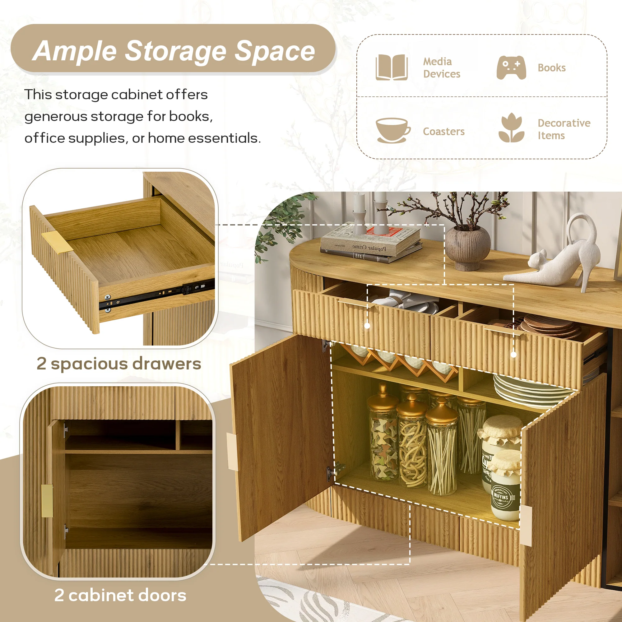 Modern Curve Design Fluted Storage Accent Cabinet / Sideboard - Image 4