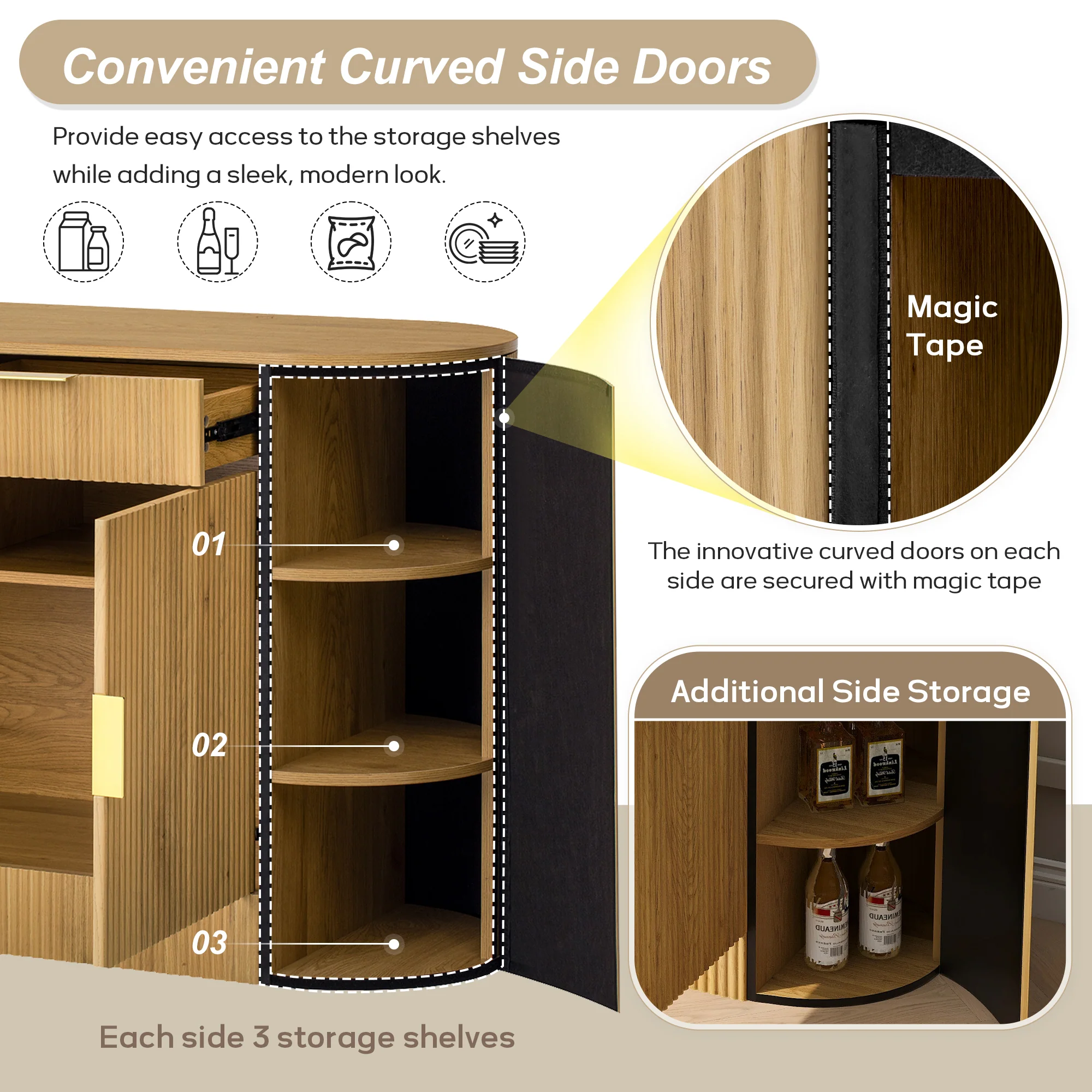 Modern Curve Design Fluted Storage Accent Cabinet / Sideboard - Image 5
