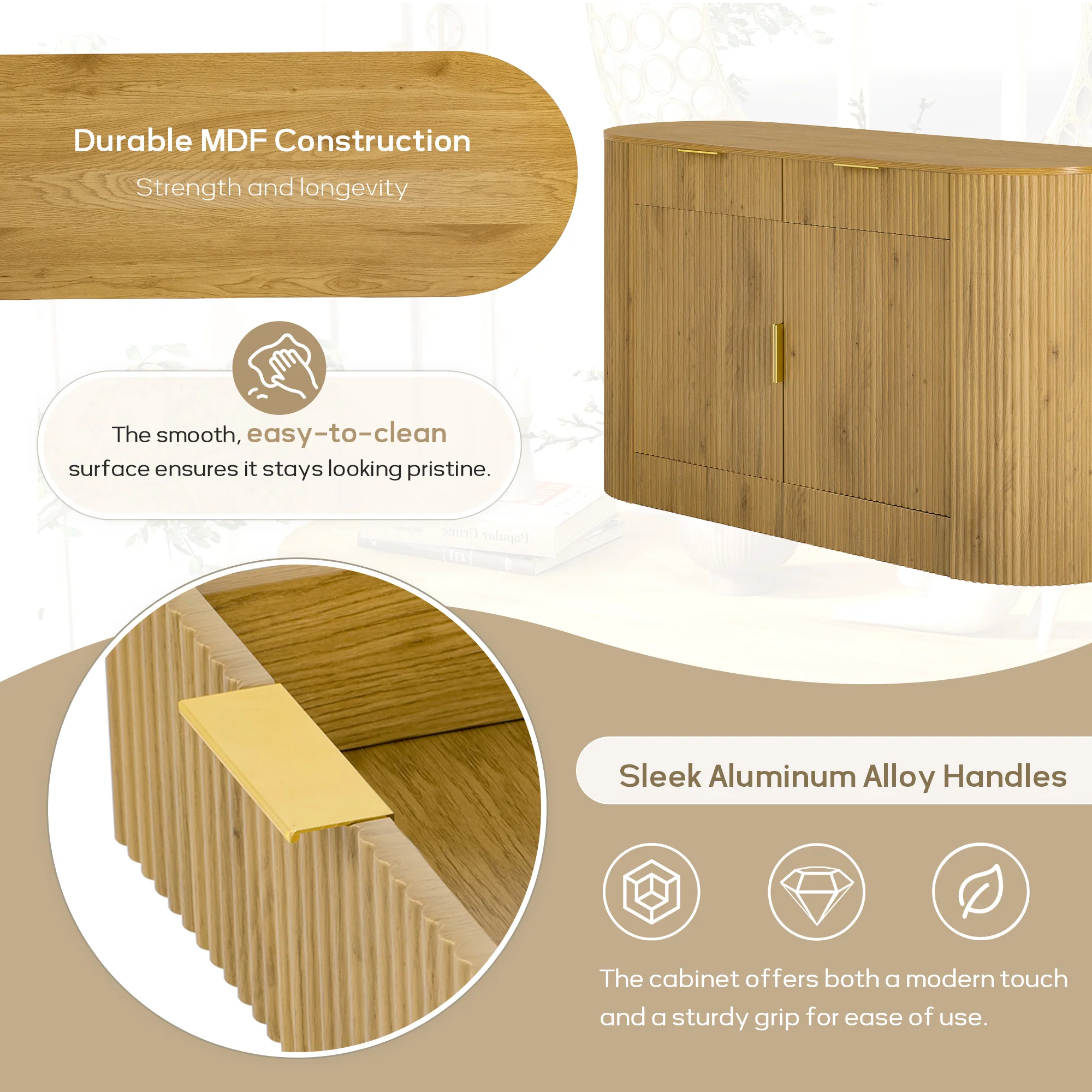 Modern Curve Design Fluted Storage Accent Cabinet / Sideboard - Image 6