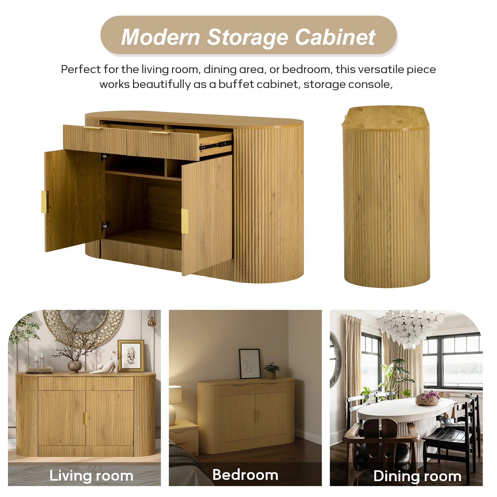 Modern Curve Design Fluted Storage Accent Cabinet / Sideboard - Image 7