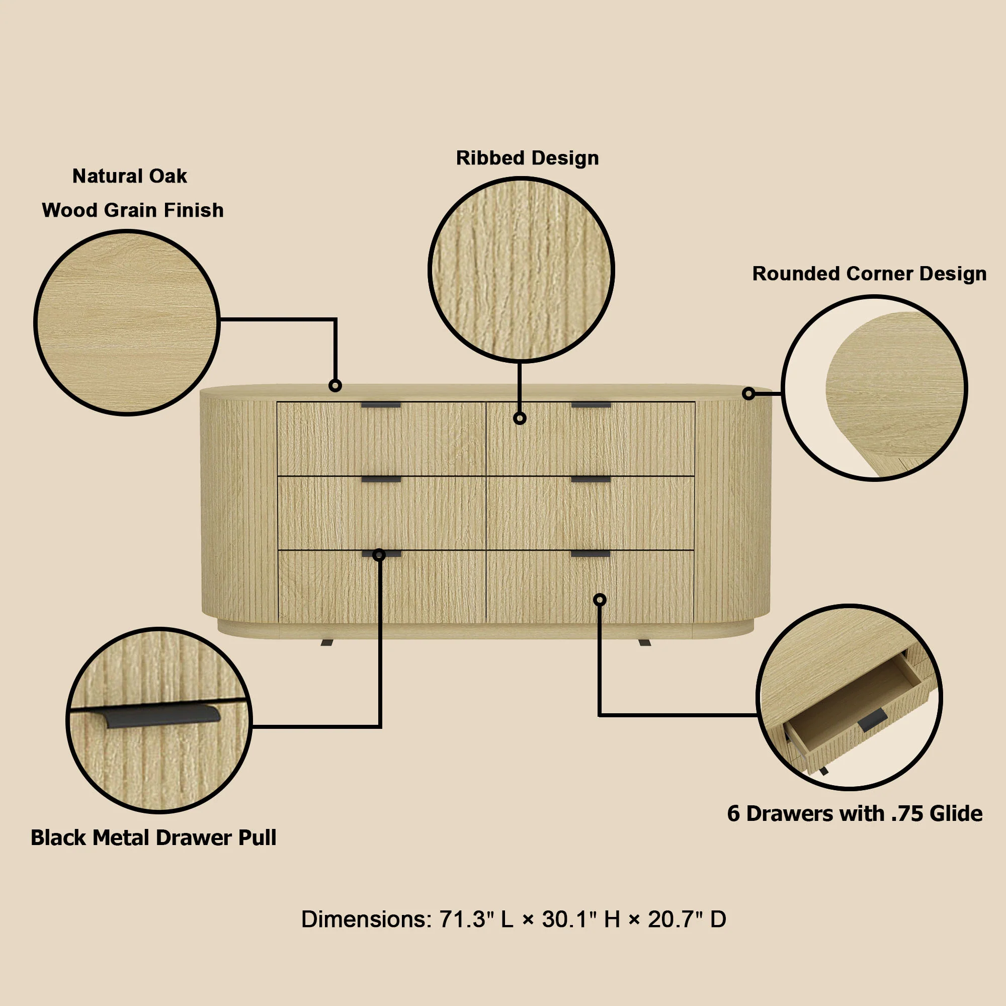 Modern Curve Fluted 71" 6 Drawer Dresser - Image 2