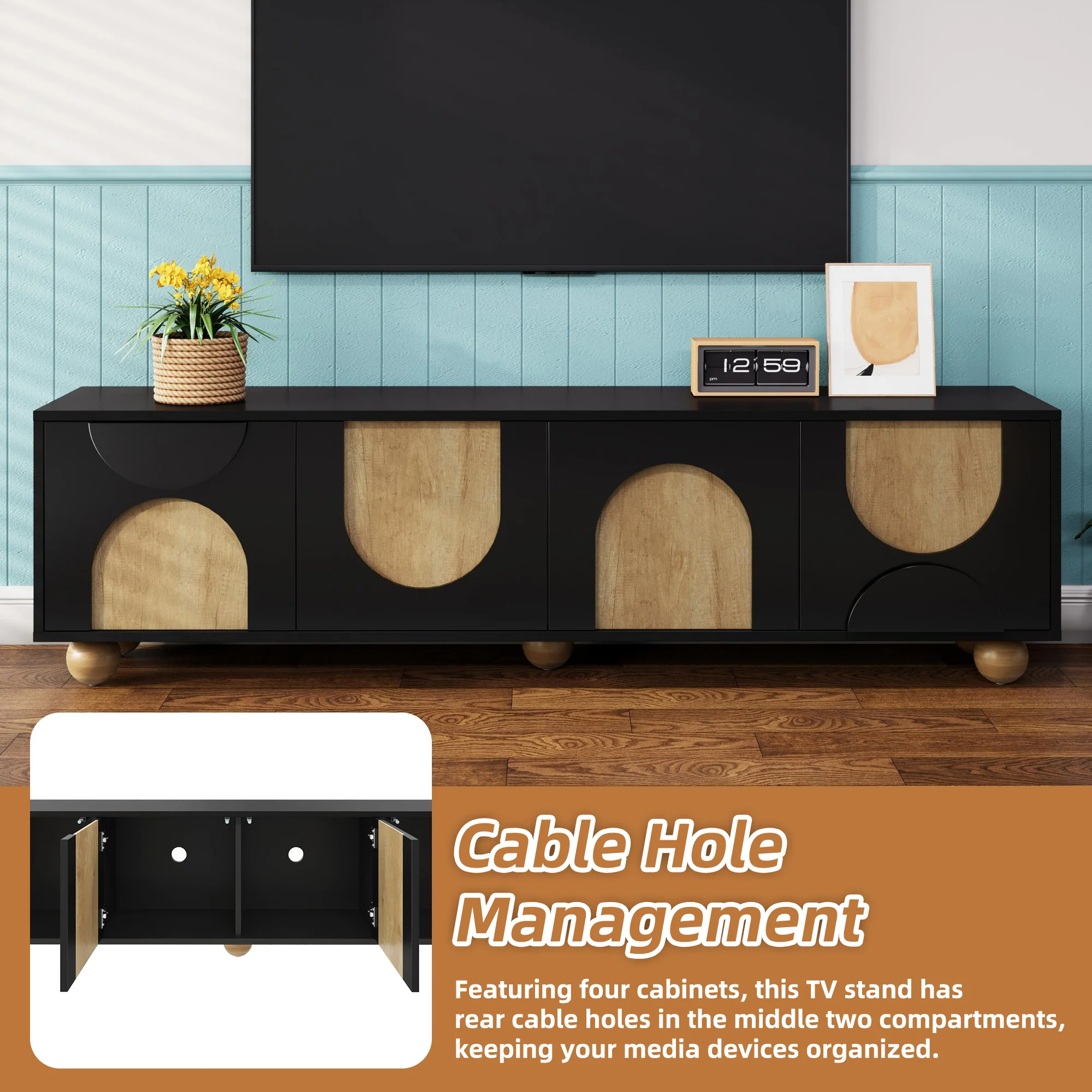 Modern Curve Shape Two Tone 69.6' TV Stand with Ball Feet Detail - Image 3