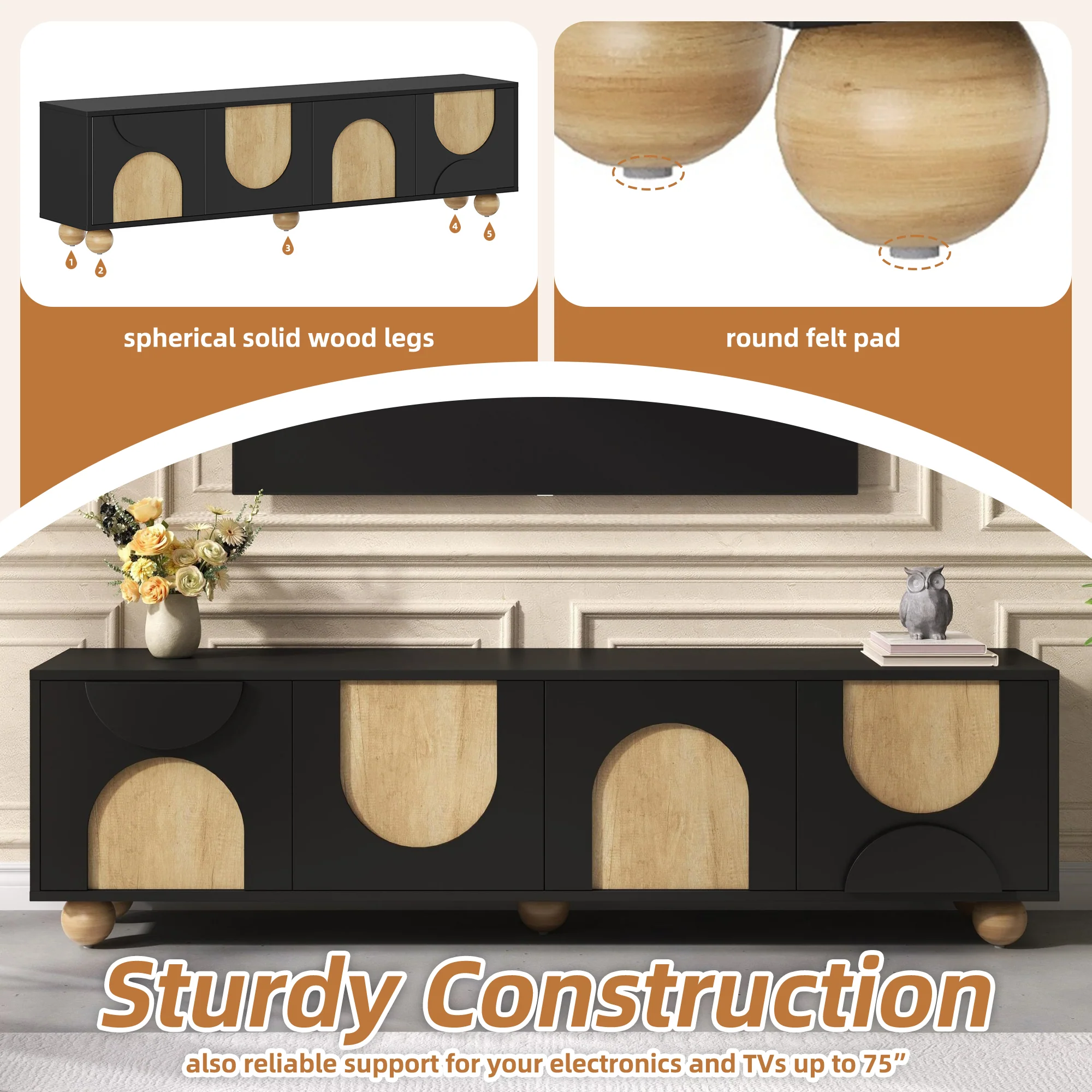 Modern Curve Shape Two Tone 69.6' TV Stand with Ball Feet Detail - Image 4