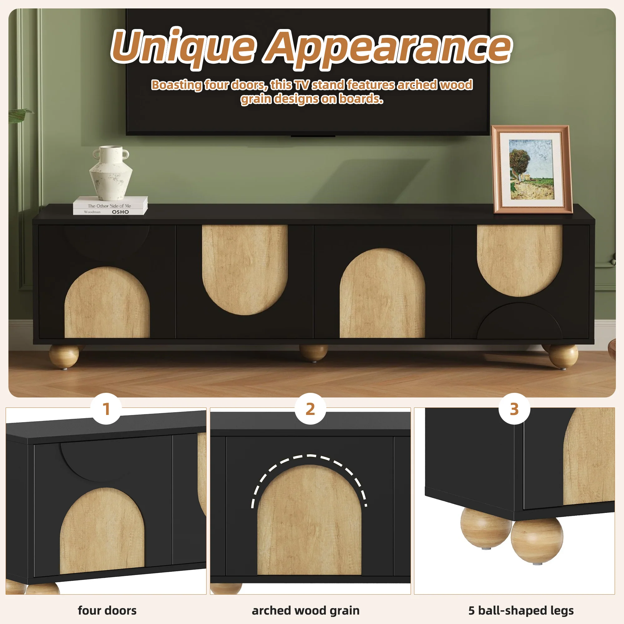 Modern Curve Shape Two Tone 69.6' TV Stand with Ball Feet Detail - Image 5