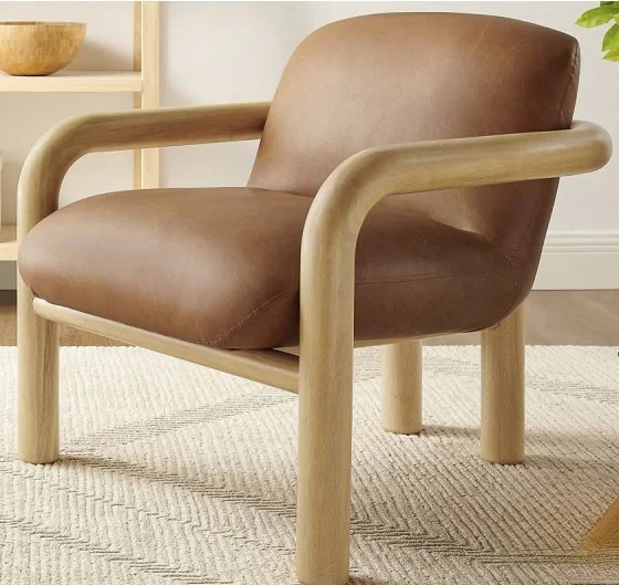 Modern Curve Wood Frame Faux Leather Accent Chair