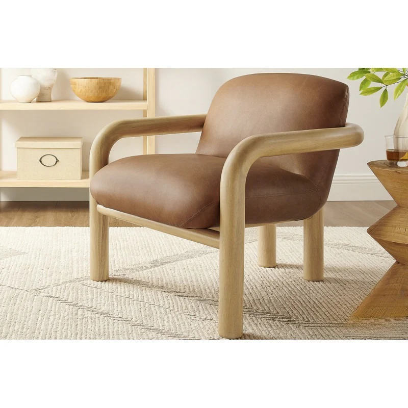 Modern Curve Wood Frame Faux Leather Accent Chair - Image 3