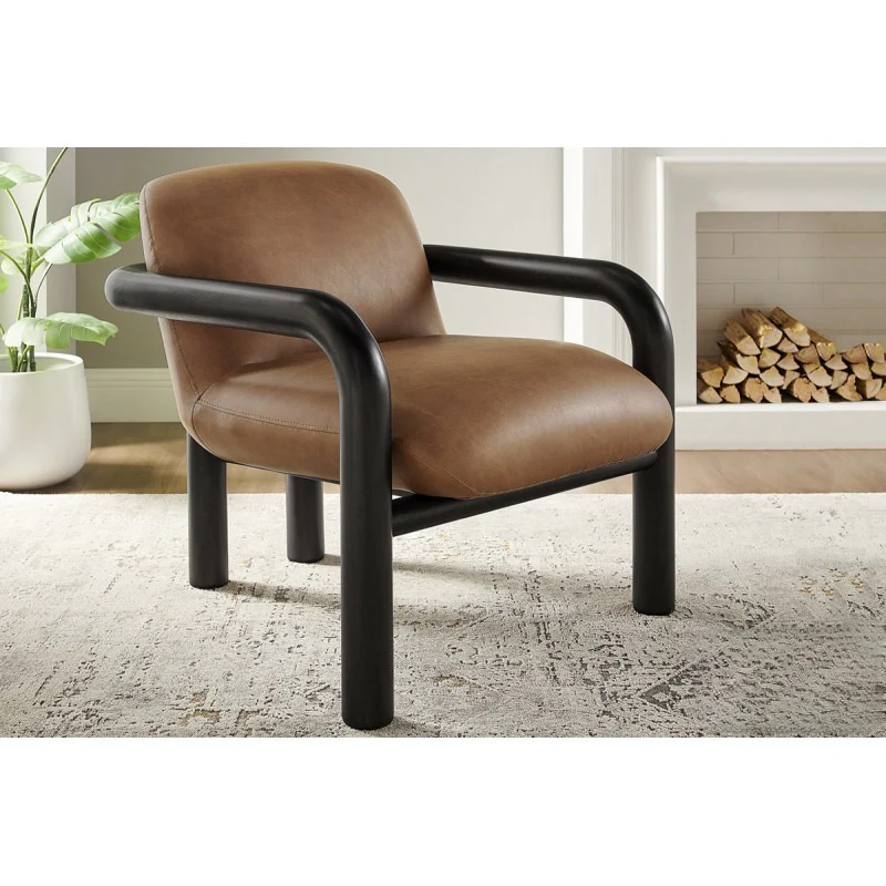 Modern Curve Wood Frame Faux Leather Accent Chair - Image 4