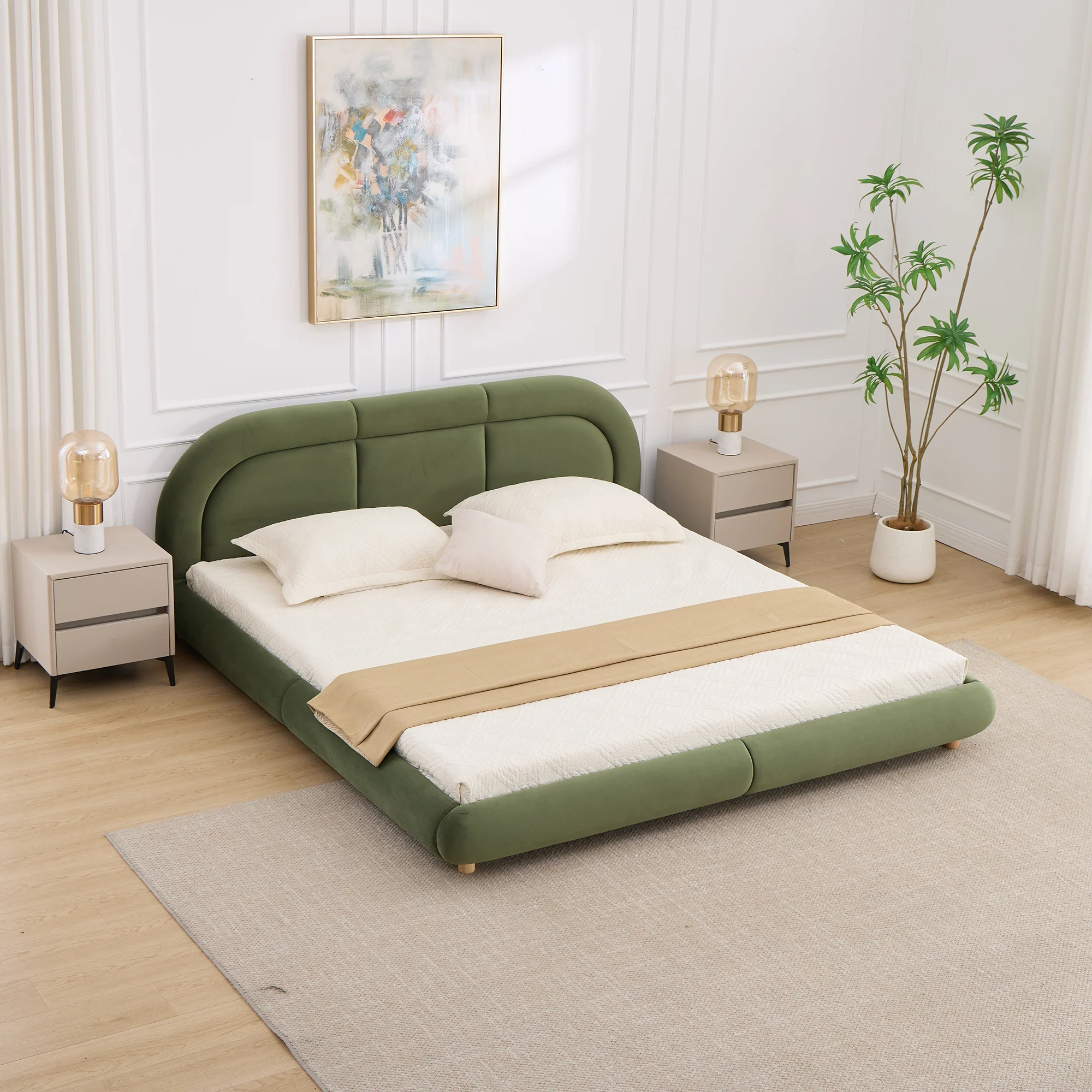 Modern Curved Upholstered Low Profile Platform King Size Bed