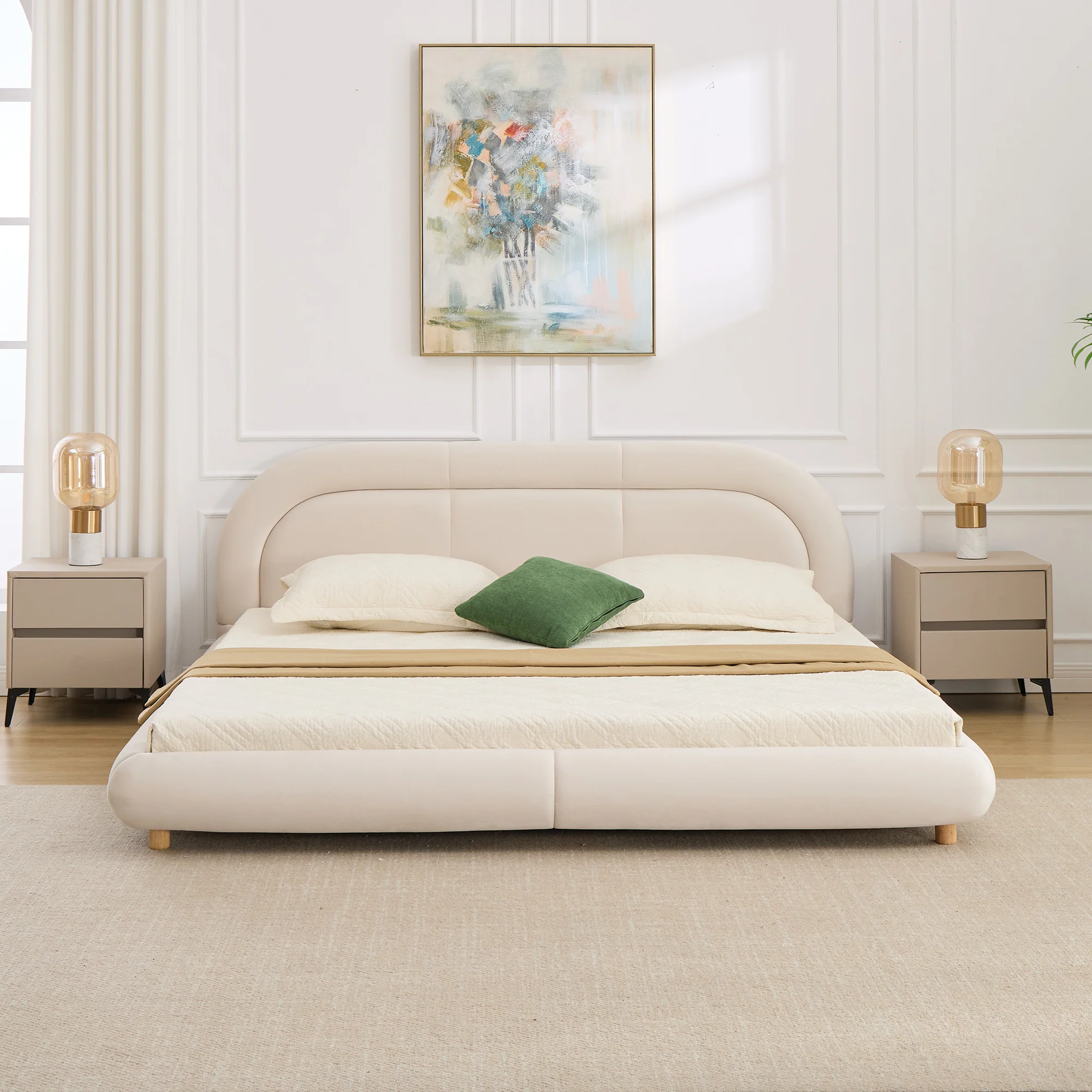 Modern Curved Upholstered Low Profile Platform King Size Bed - Image 14