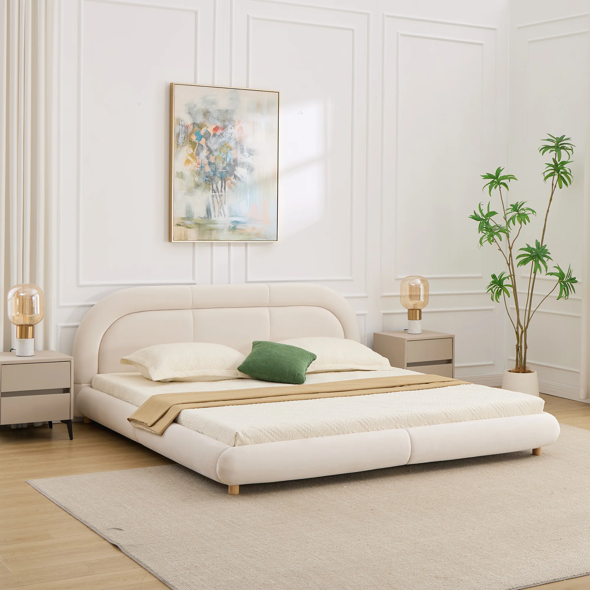 Modern Curved Upholstered Low Profile Platform King Size Bed - Image 18
