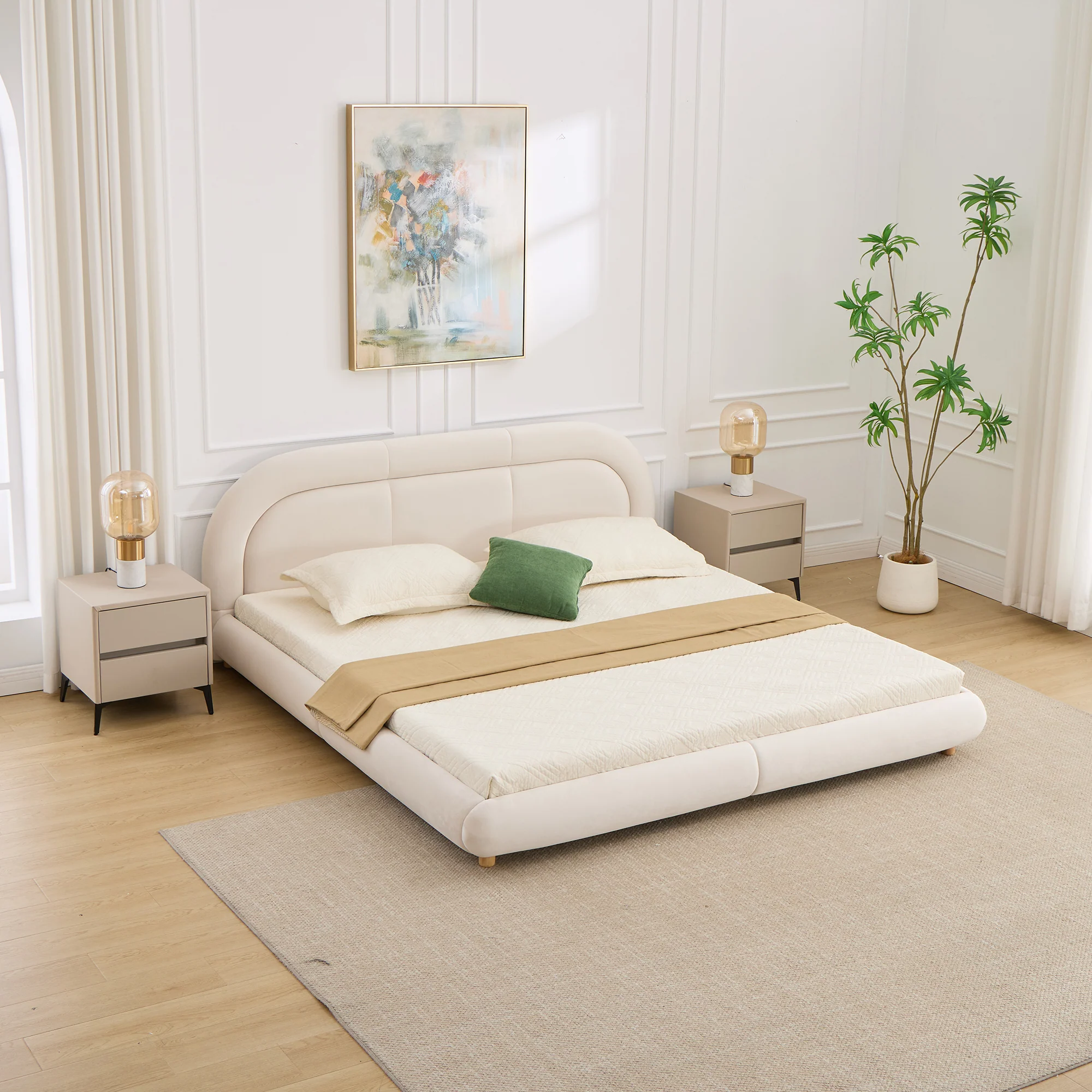 Modern Curved Upholstered Low Profile Platform King Size Bed - Image 2