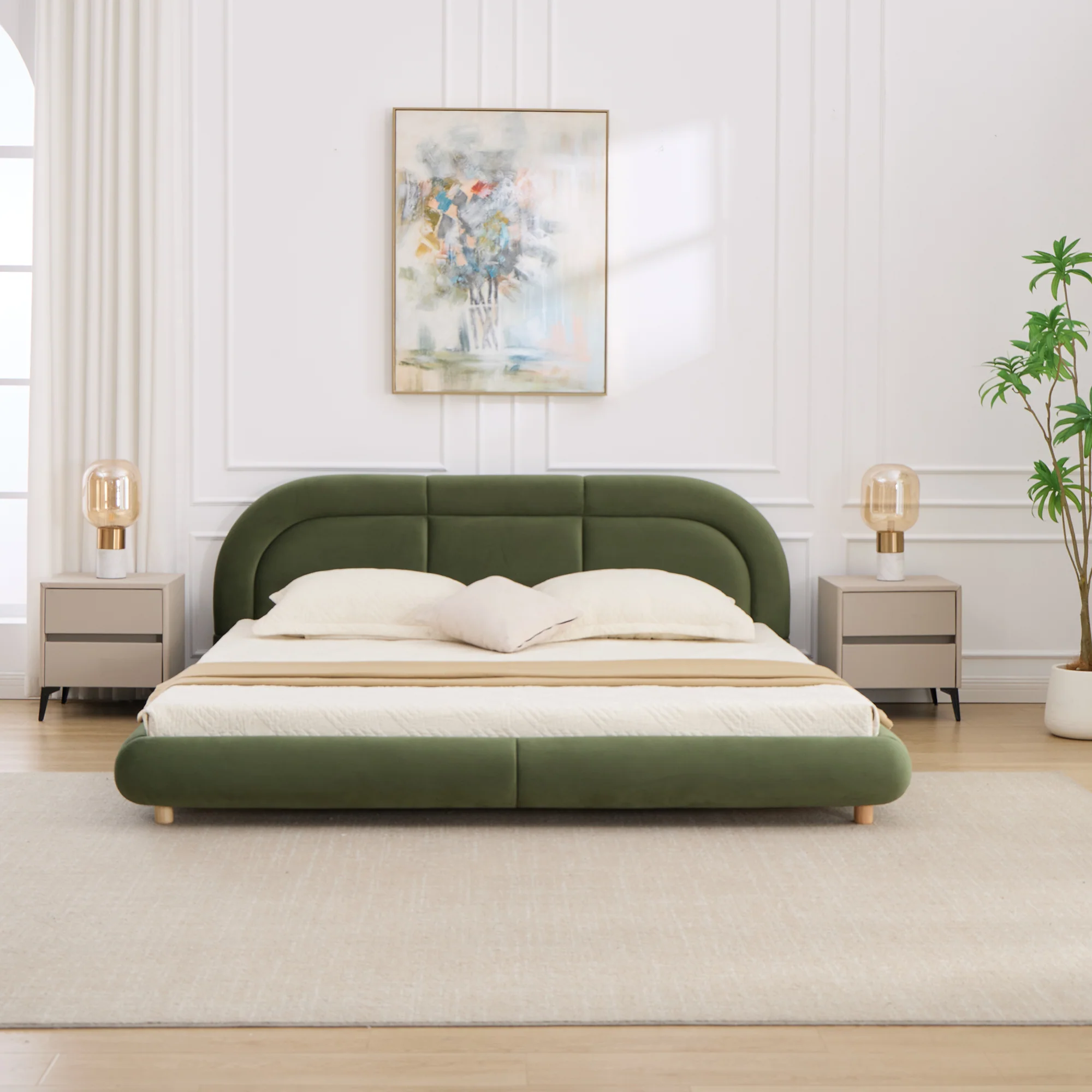 Modern Curved Upholstered Low Profile Platform King Size Bed - Image 4
