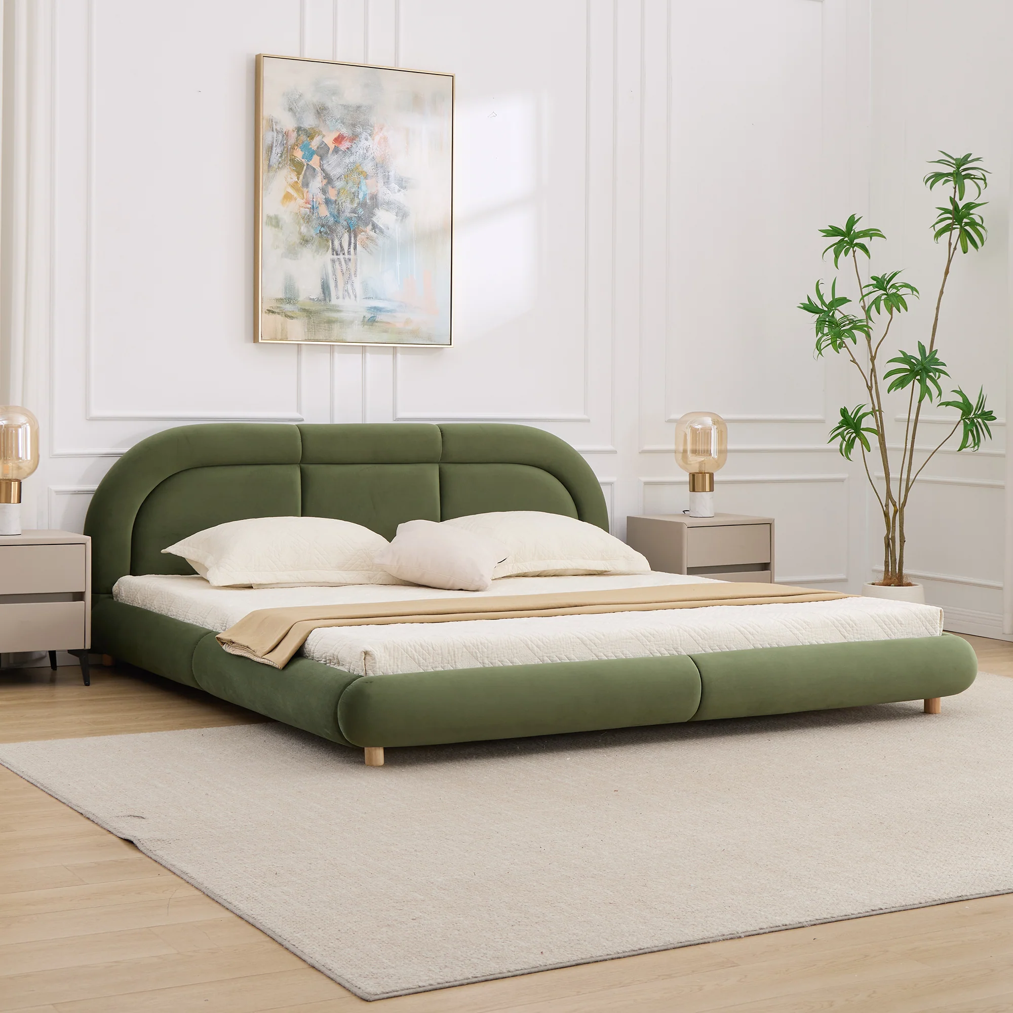 Modern Curved Upholstered Low Profile Platform King Size Bed - Image 5