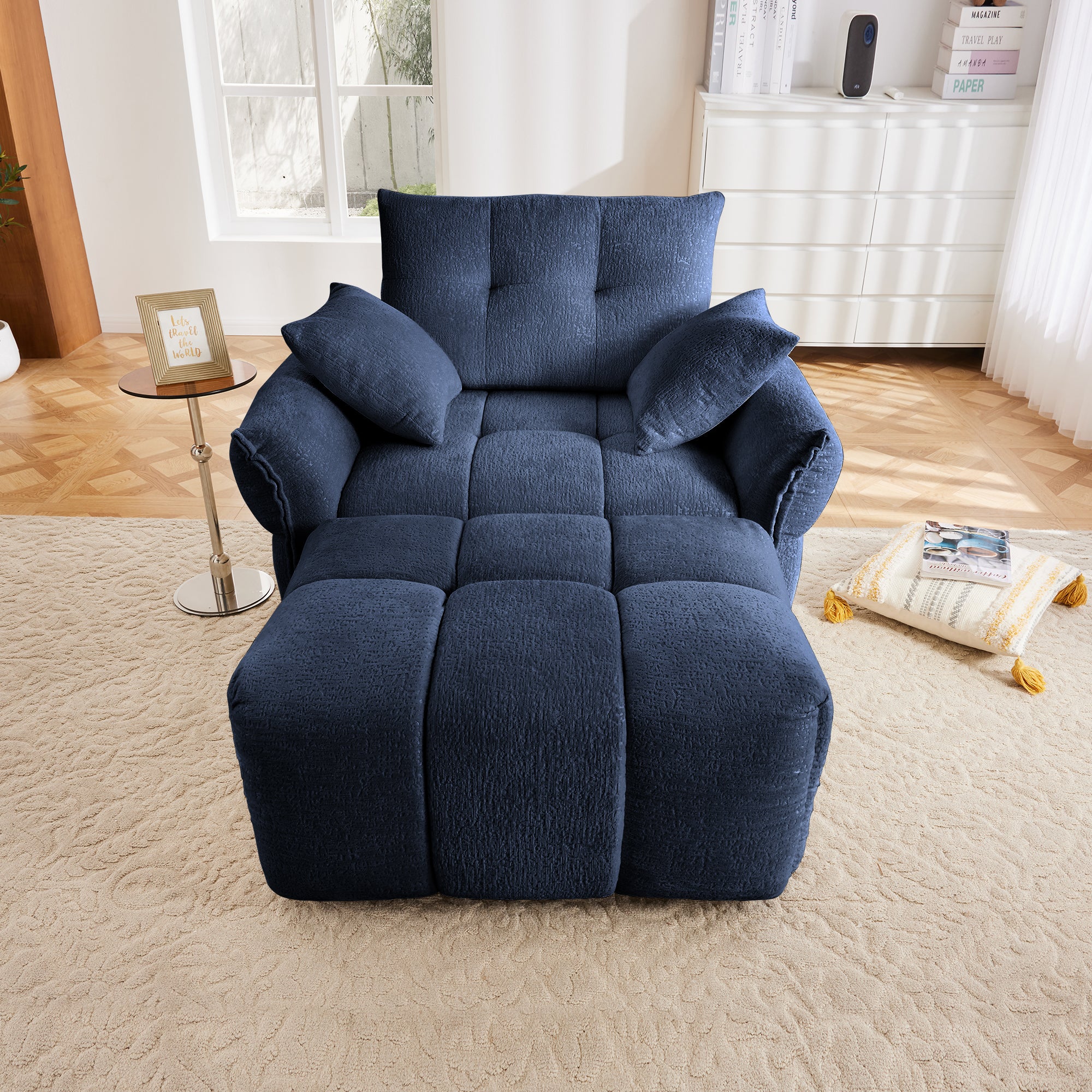 Walker Edison | Modern Ergonomic Blue Chenille Accent Chair with Ottoman Set - Image 2