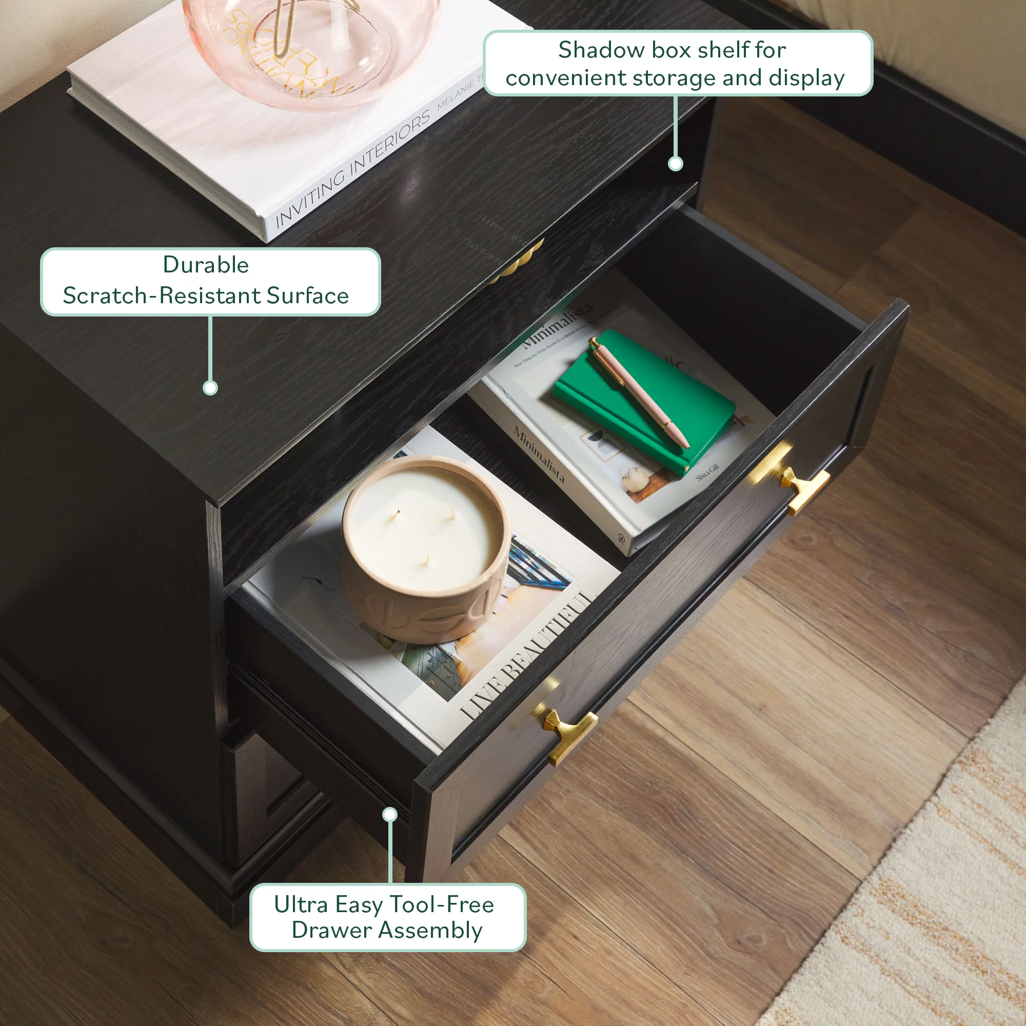 Clyde Modern Farmhouse Easy Assembly 2-Drawer Nightstand Side Table - Image 4