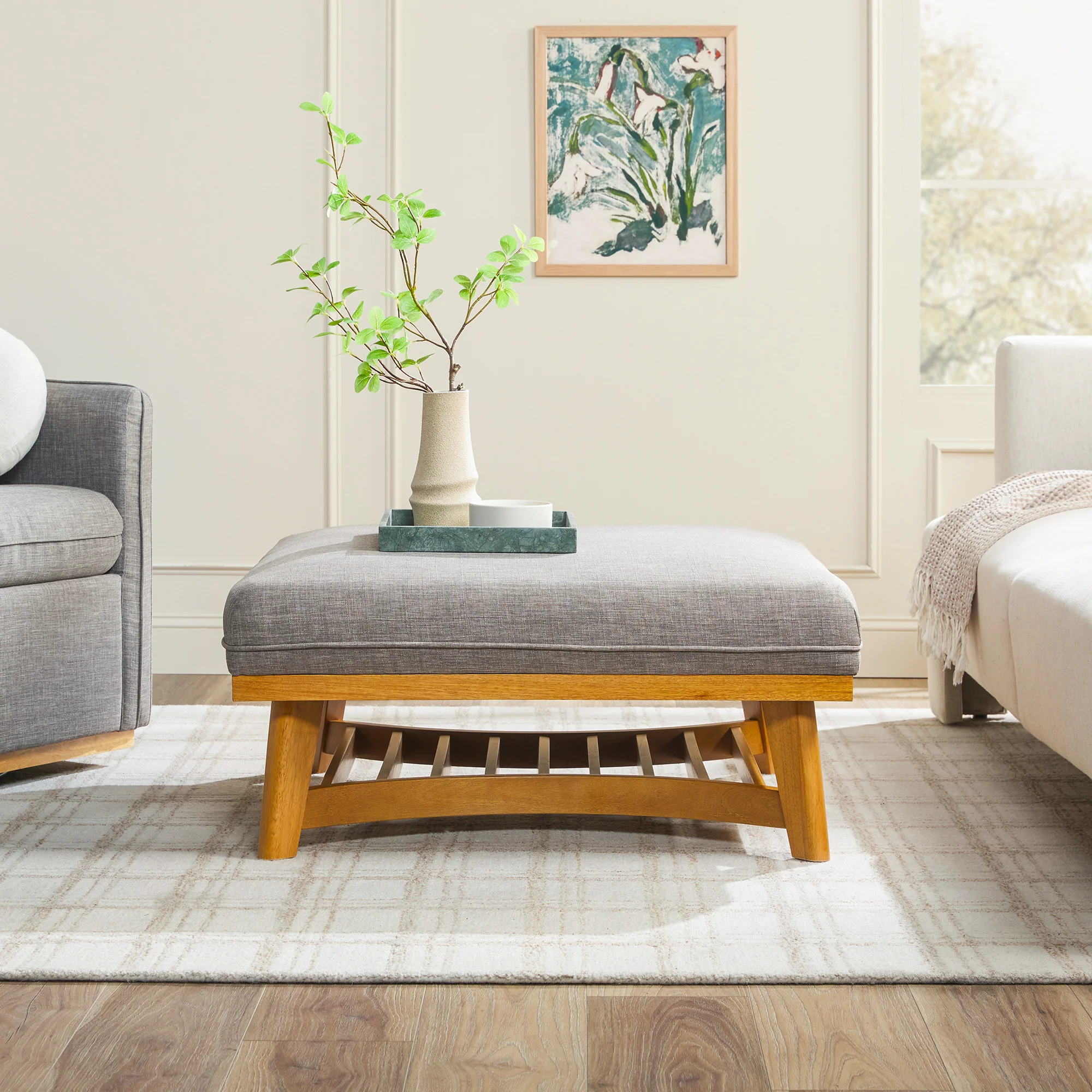Nash Modern Farmhouse Easy Assembly Linen Large Ottoman - Image 12