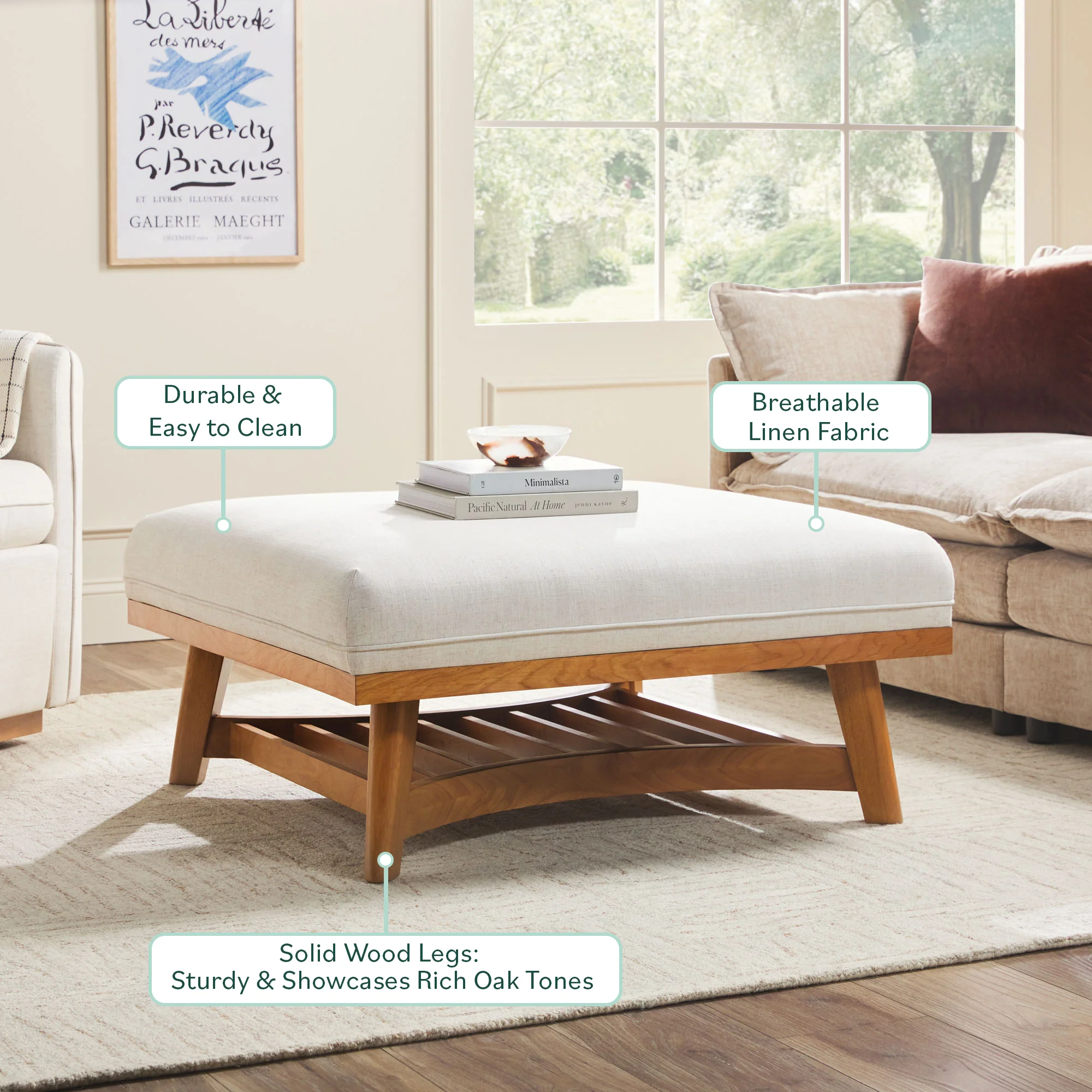 Nash Modern Farmhouse Easy Assembly Linen Large Ottoman - Image 3
