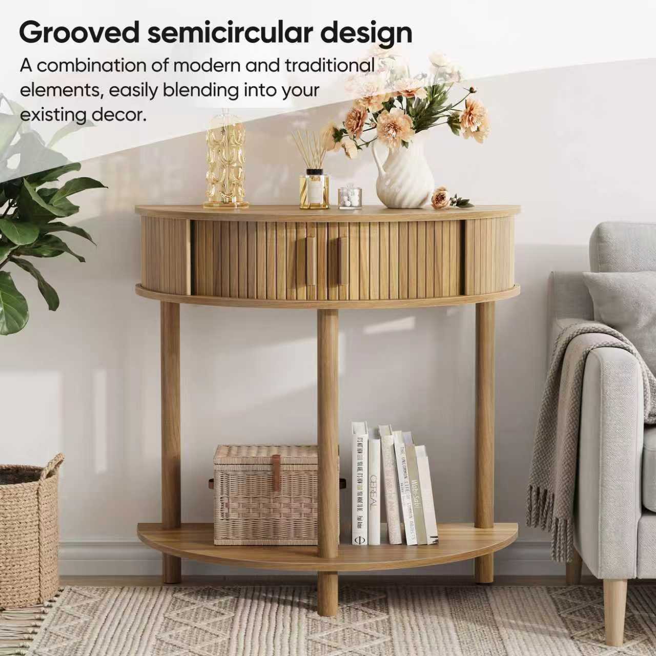 Modern Fluted Half-Moon Console Entryway Table - Image 6
