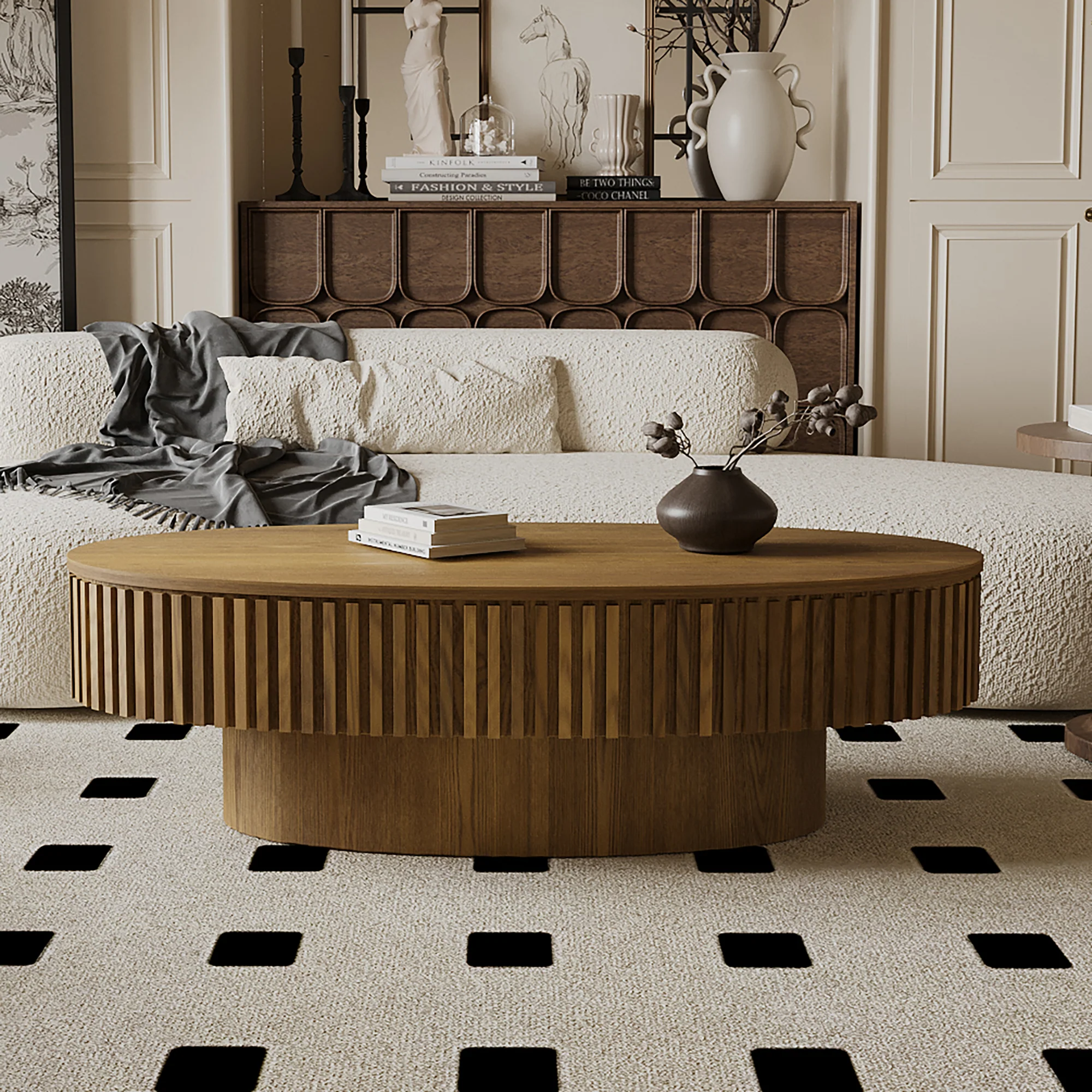 Modern Fluted Oval Solid Wood Veneered Coffee Table with Storage