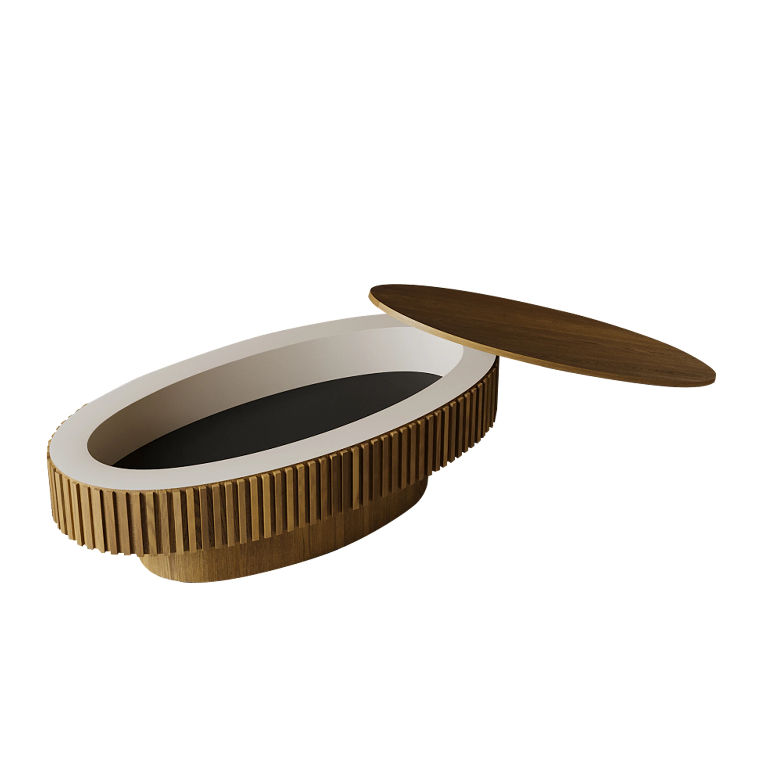 Modern Fluted Oval Solid Wood Veneered Coffee Table with Storage - Image 12